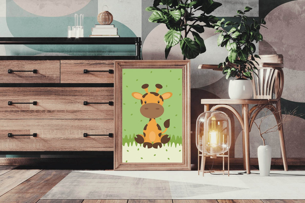 Painting of Cartoon Giraffe Sitting in Grass - beink online art store