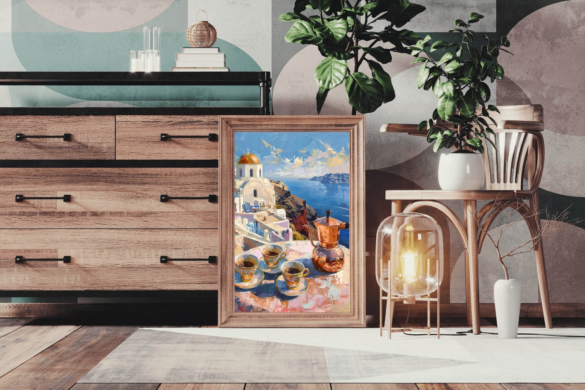 Morning Coffee with a View Greek Getaway Santorini Sunrise Wall Art - beink online art store