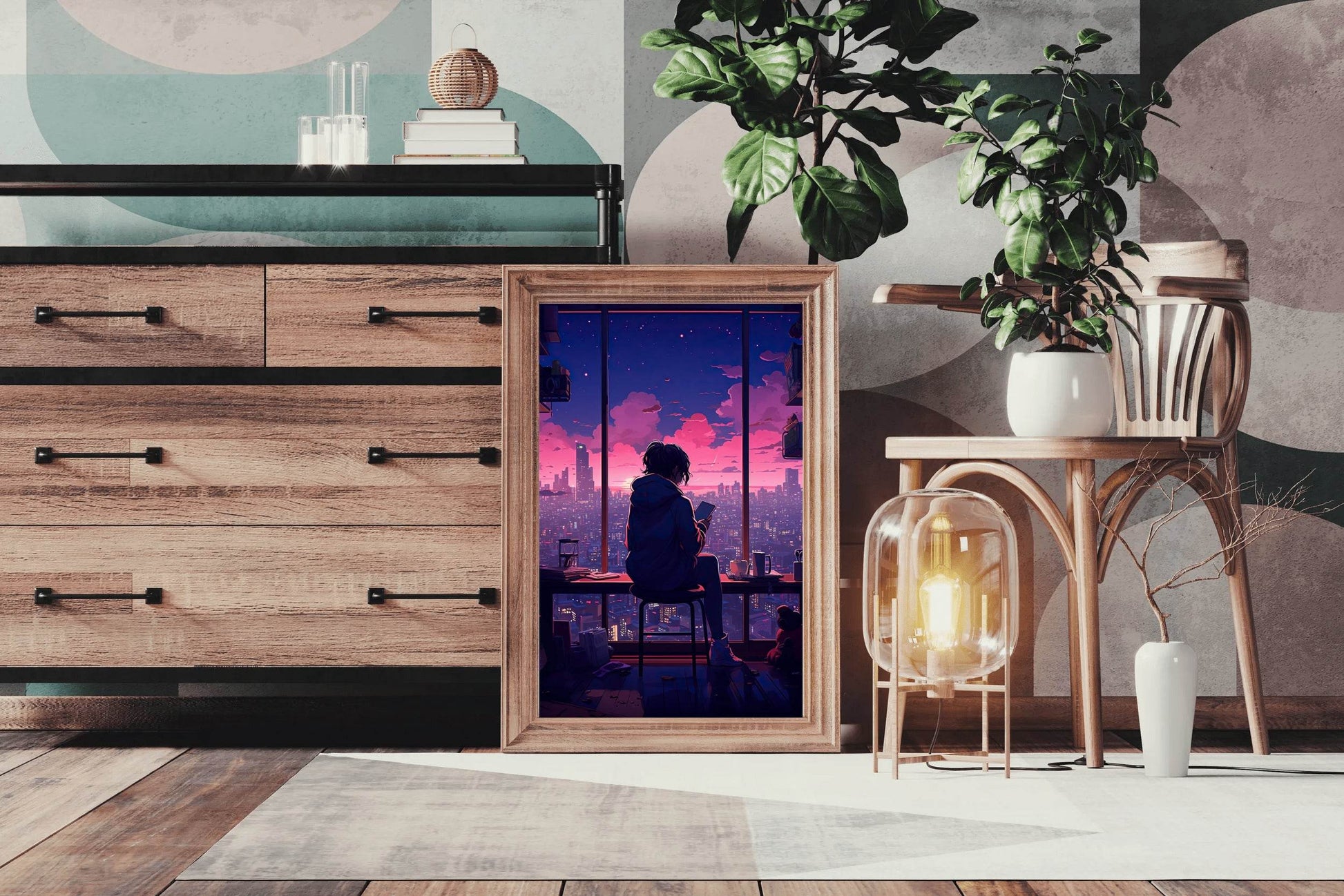 Evening Cityscape Neon Lights Lofi Style and Moody Anime Wall Art - beink online art store