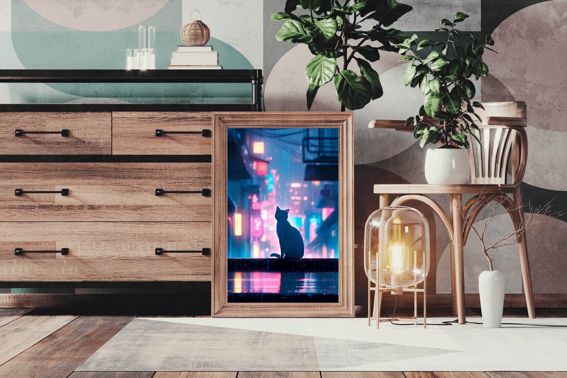 Cat In Cyberpunk City Anime Wall Art - beink online art store
