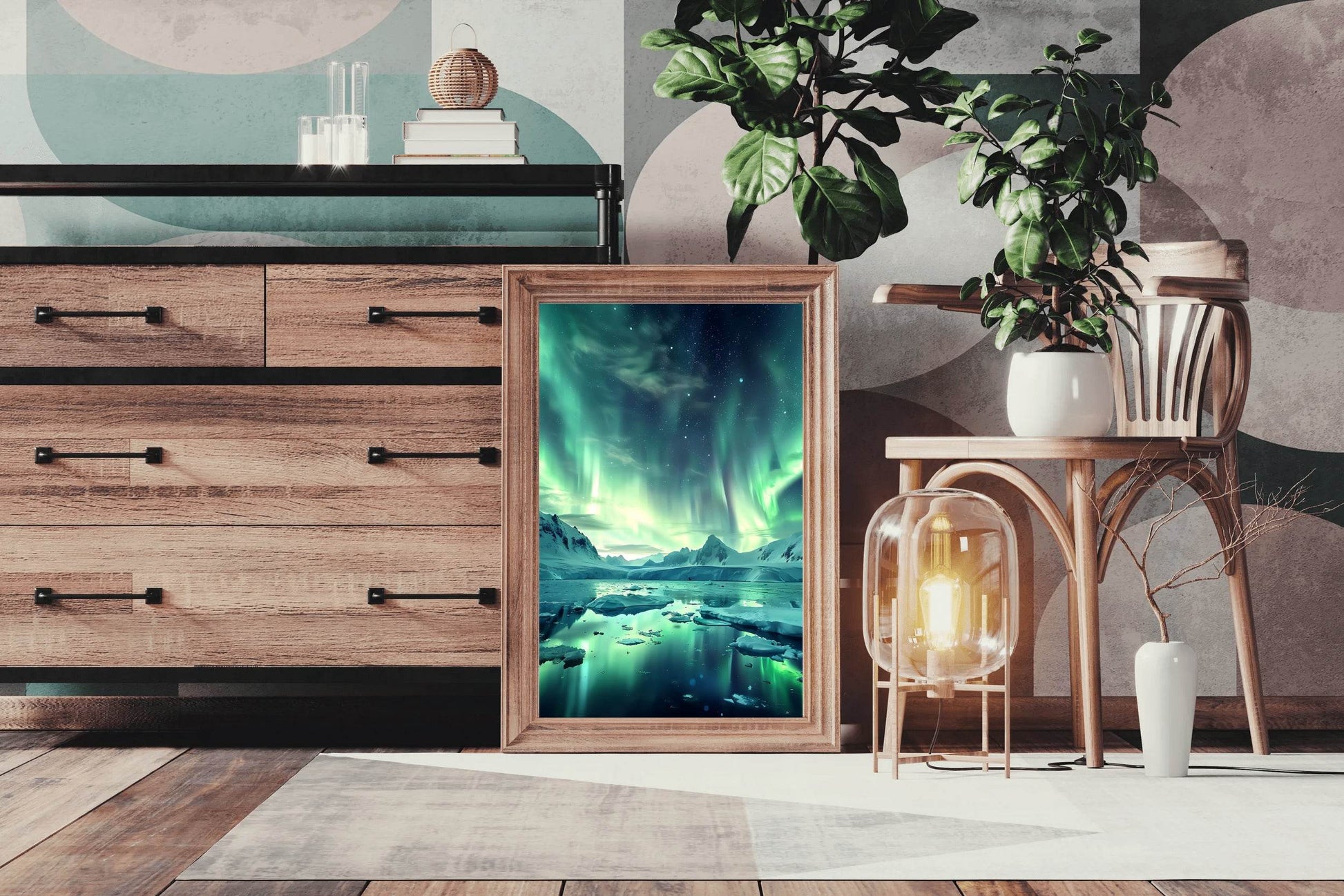 Green Northern Lights in the Sky Over Ice and Snow From lake Wall Art - beink online art store