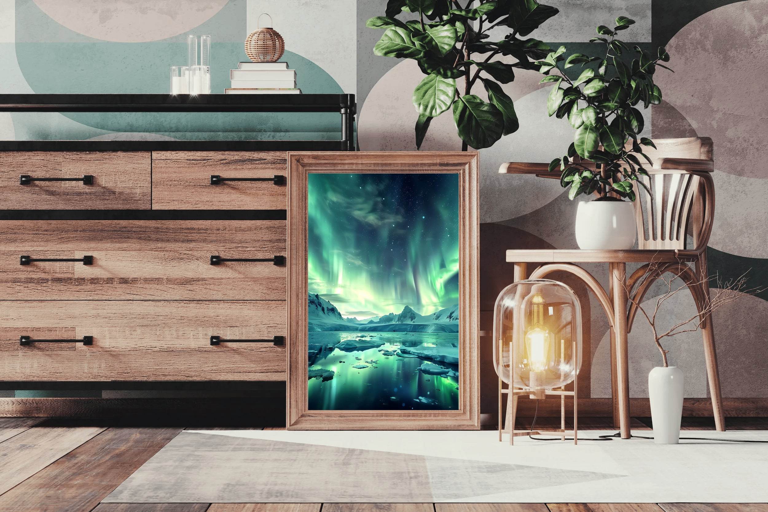 Green Northern Lights in the Sky Over Ice and Snow From lake Wall Art - beink online art store