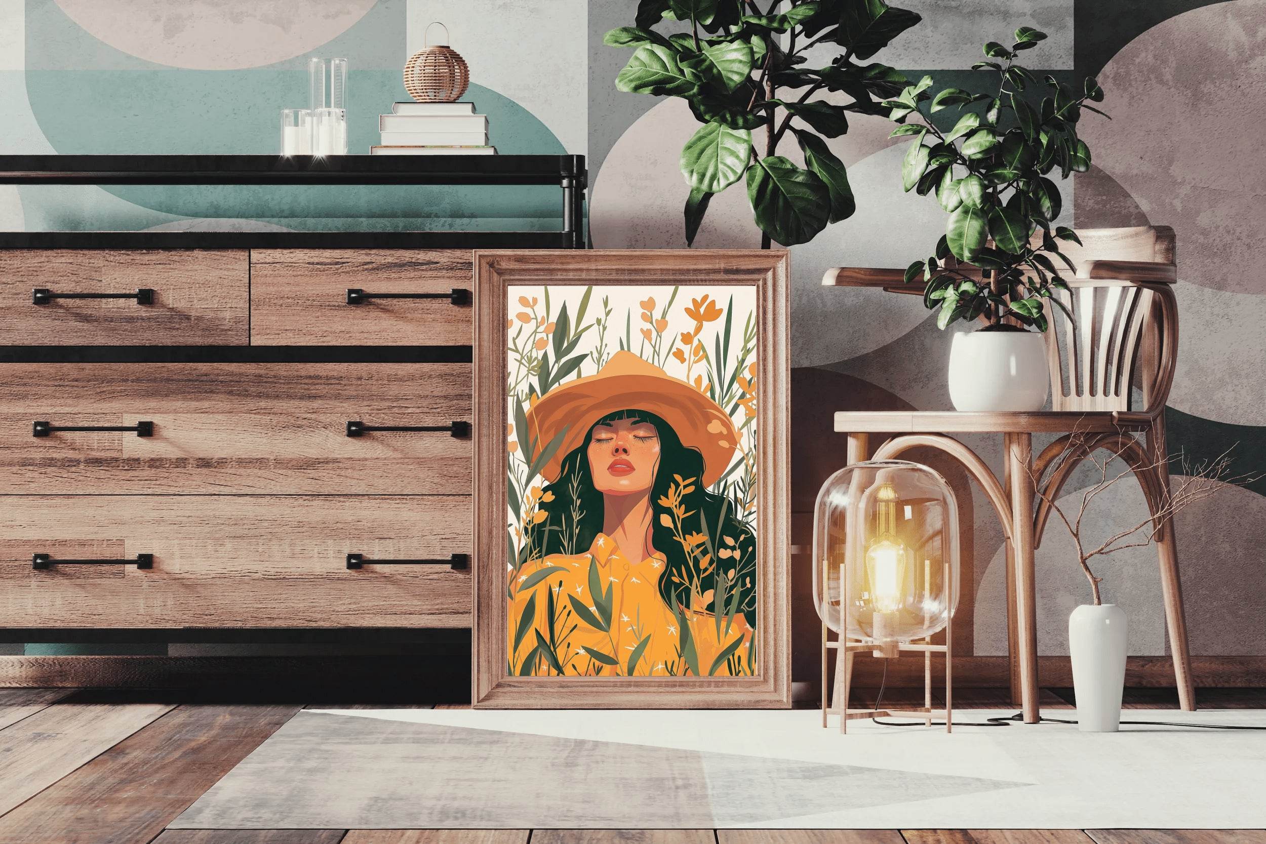 Woman in Yellow Dress and Hat in a Tropical Forest Eyes closed ArtWork - beink online art store