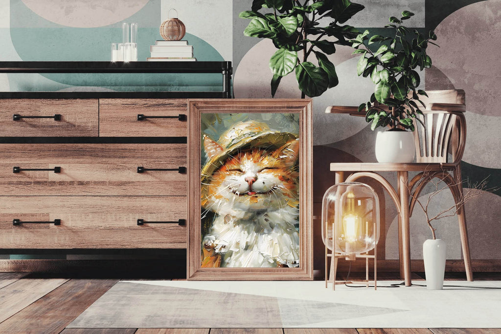 Slashed Oil Painting of Cat Wearing Hat - beink online art store