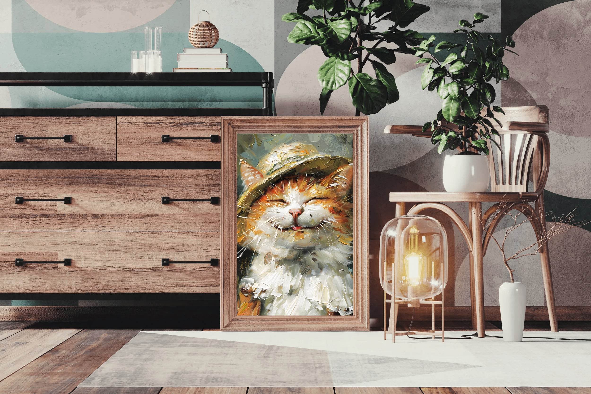 Slashed Oil Painting of Cat Wearing Hat - beink online art store