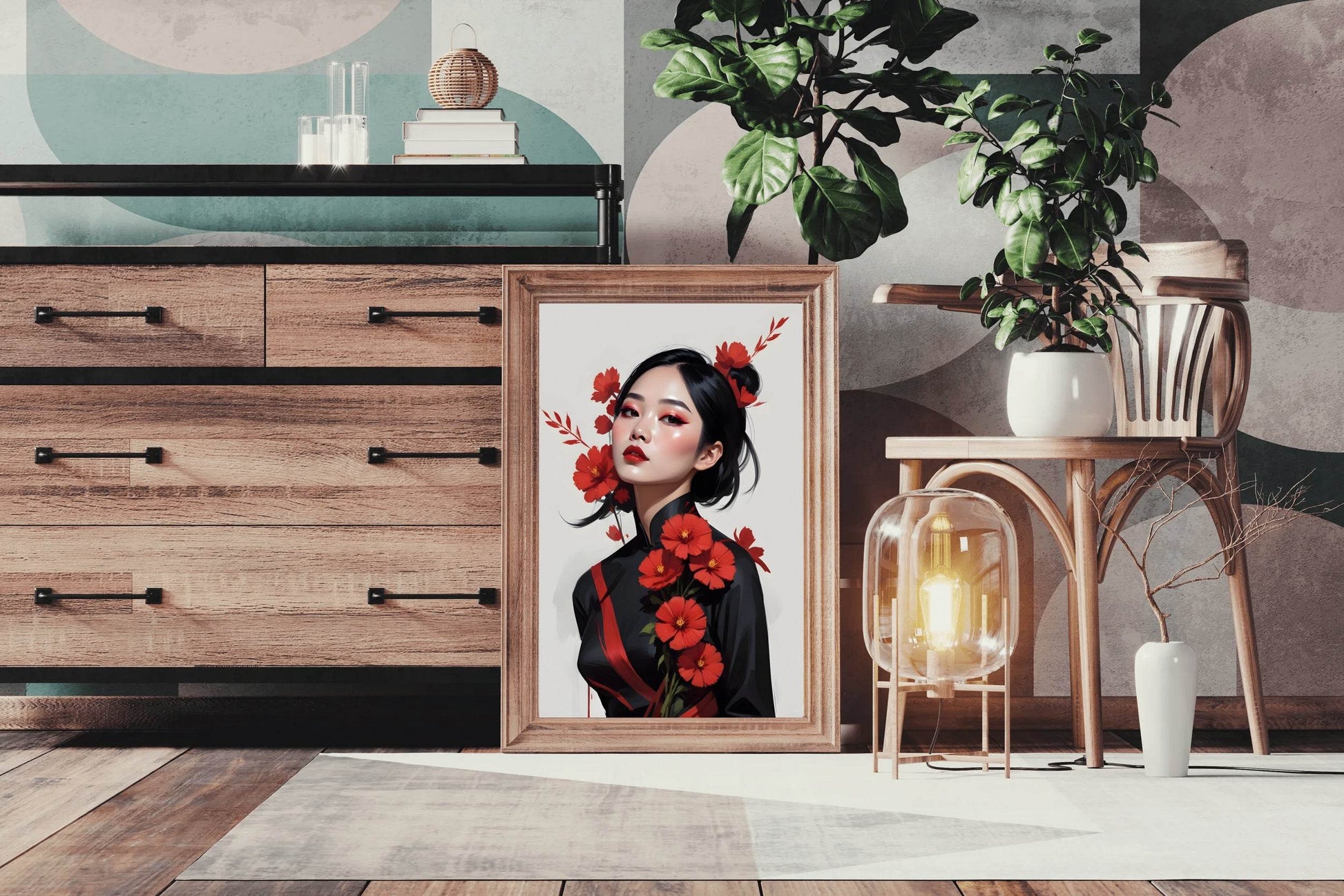 Asian Lady with Traditional Dress with Red flower Wall Art - beink online art store