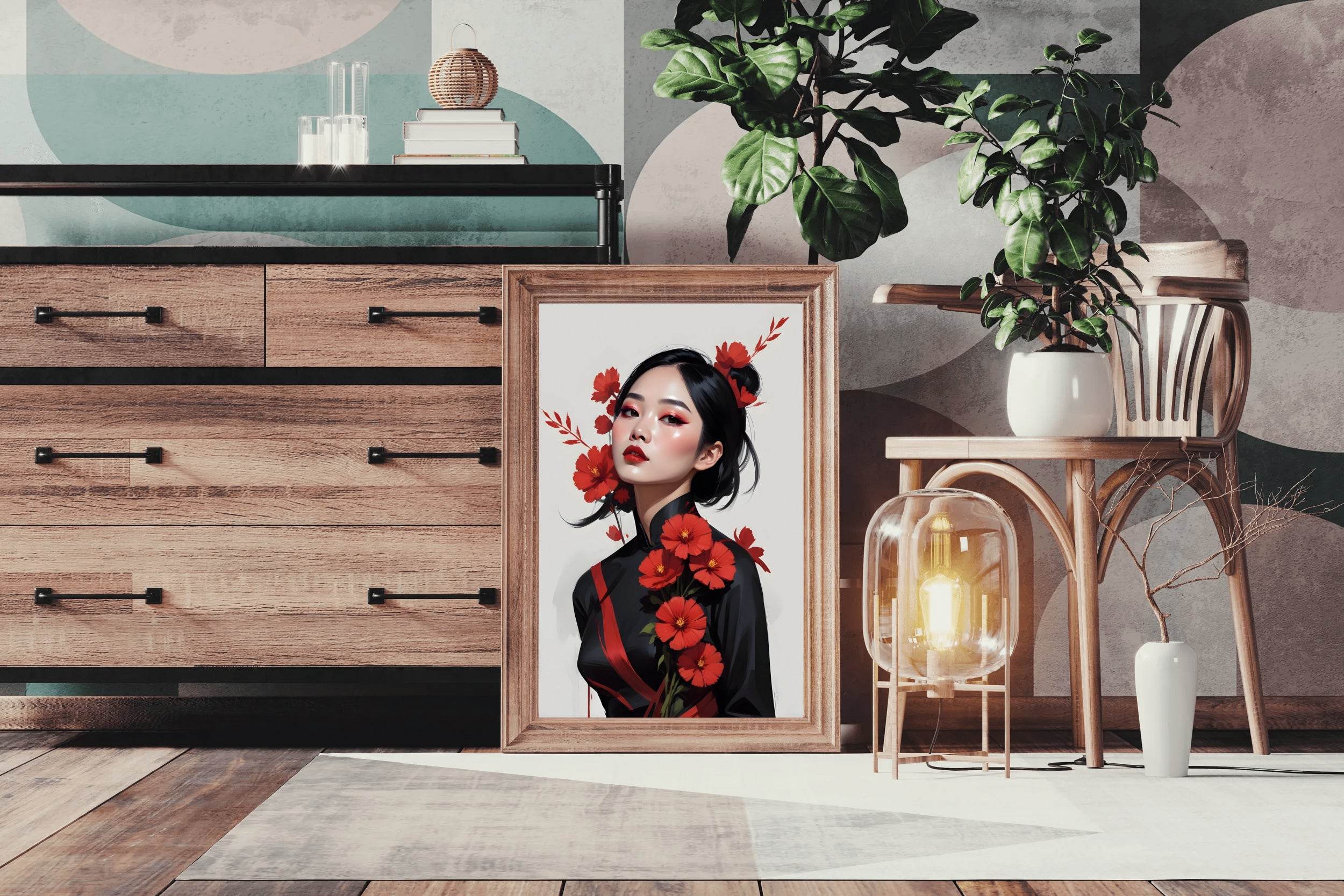 Asian Lady with Traditional Dress with Red flower Wall Art - beink online art store