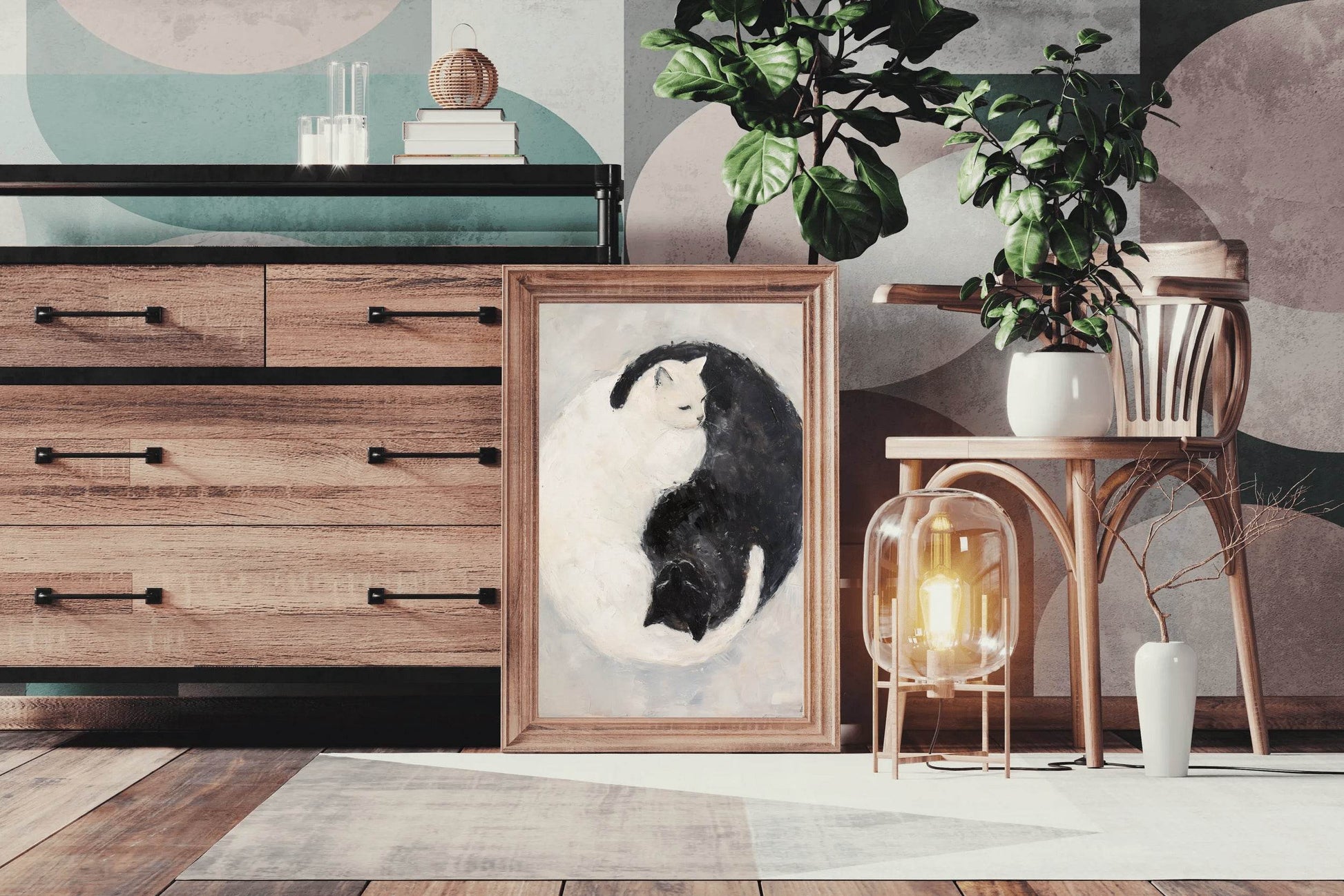 Black and White Painting of Cat Pair - beink online art store