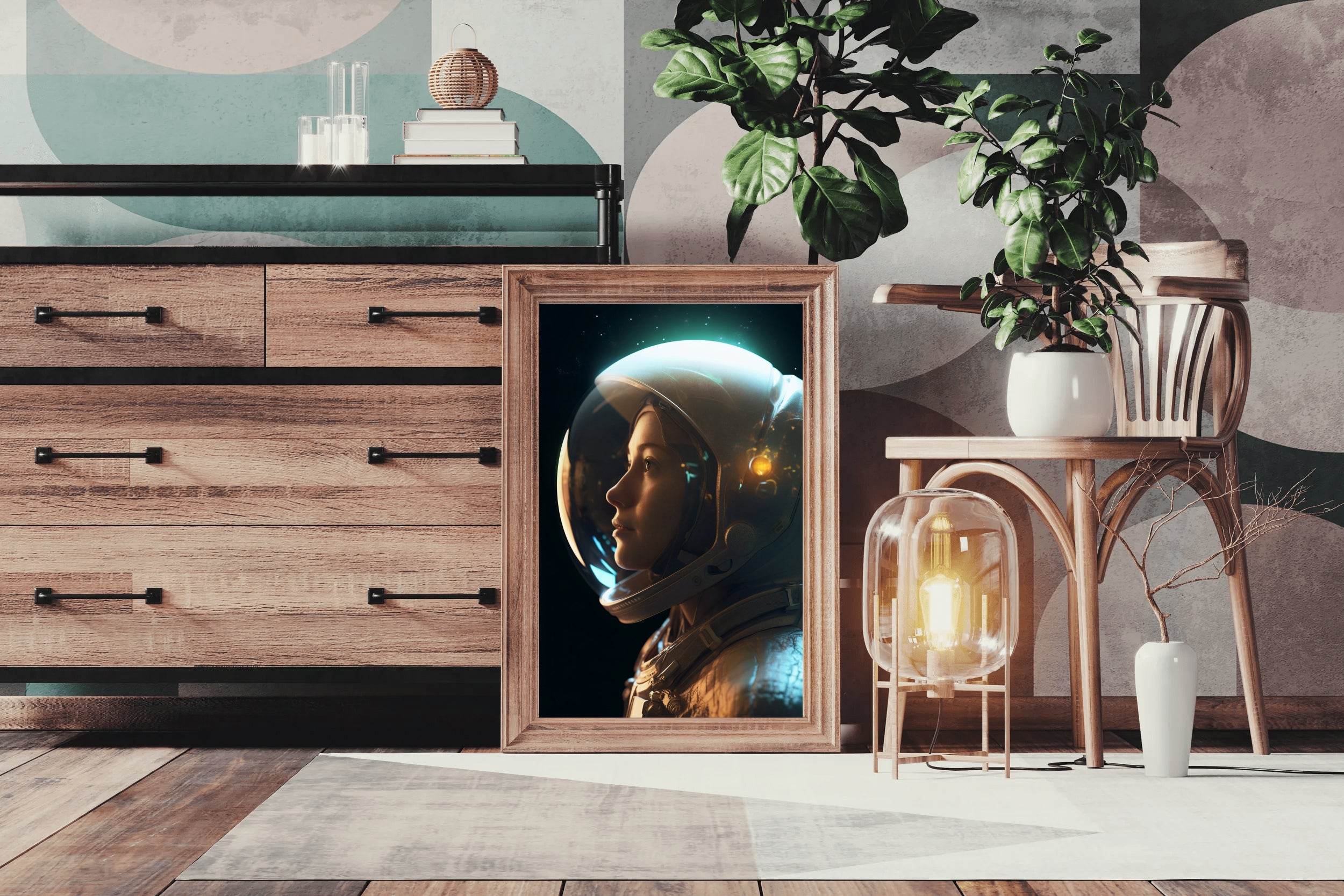 Side view female astronaut wearing spacesuit in space - beink online art store