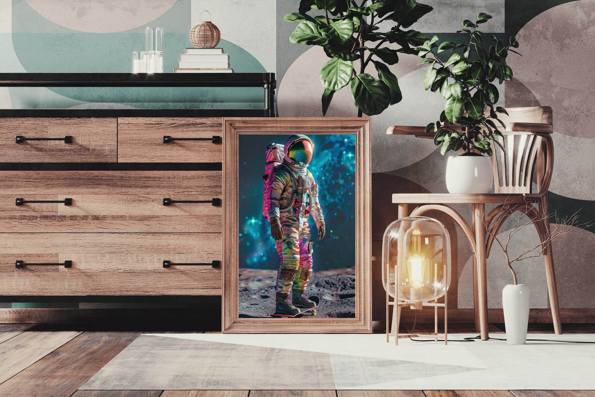 astronaut in neon suits on moon Wall Art - beink online art store