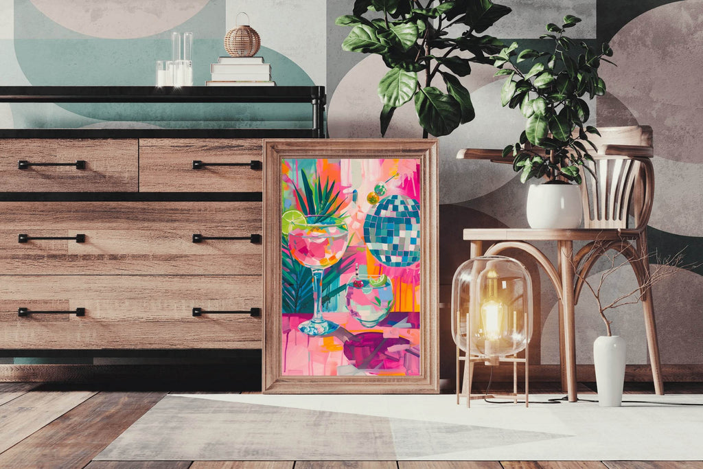 Painting of a Cocktail and Glasses with a Palm Tree in the Background Wall Art - beink online art store