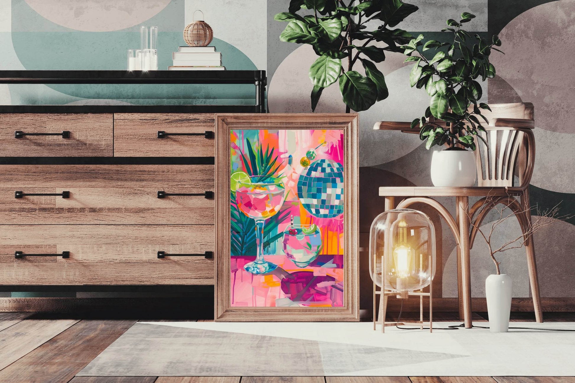 Painting of a Cocktail and Glasses with a Palm Tree in the Background Wall Art - beink online art store