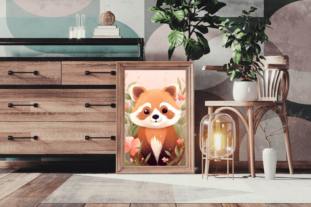 Red Baby Panda Sitting in Flowers - beink online art store