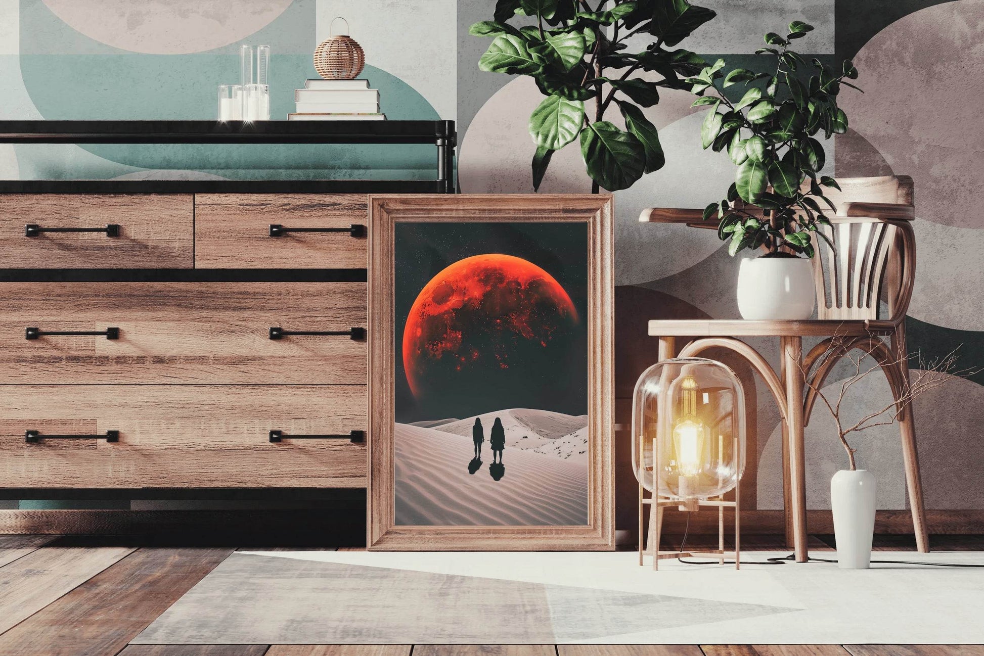 Desolate monochrome wasteland with red moon, solar eclipse at night wall art - beink online art store