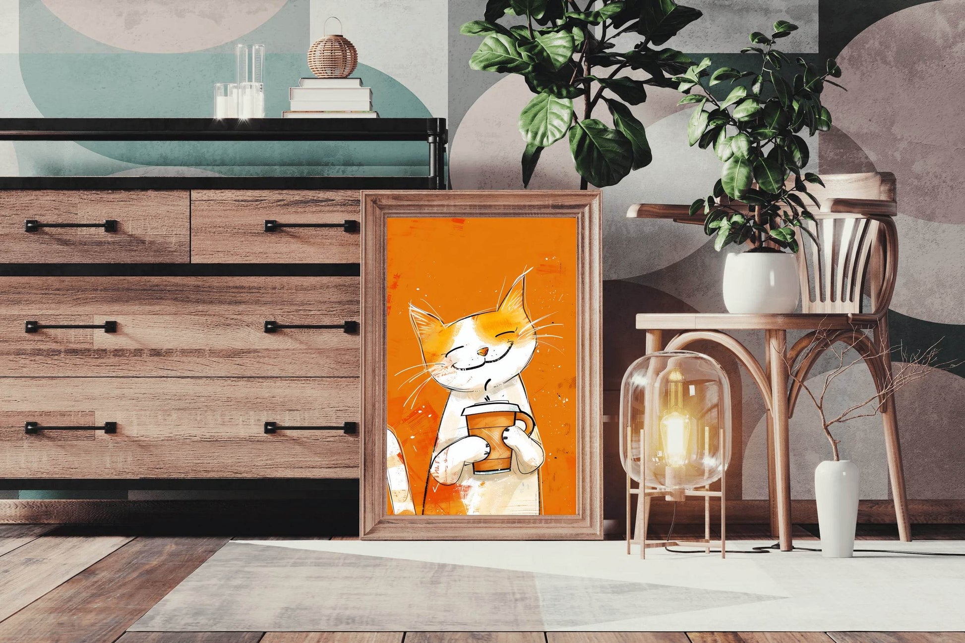 Painting of Cute Smiling Cat Holding Cup - beink online art store