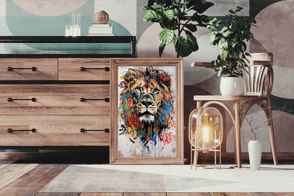 Painting of a Lion With Colorful Paint Wall Art - beink online art store