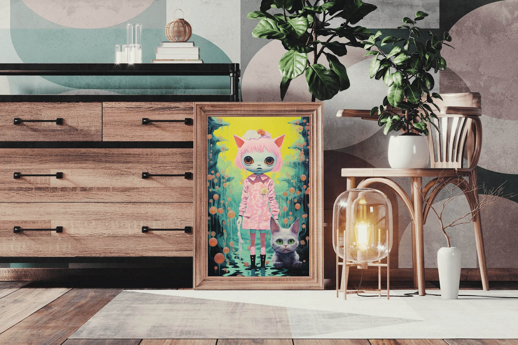 Cat Girl With Pink Hair Wall Art - beink online art store