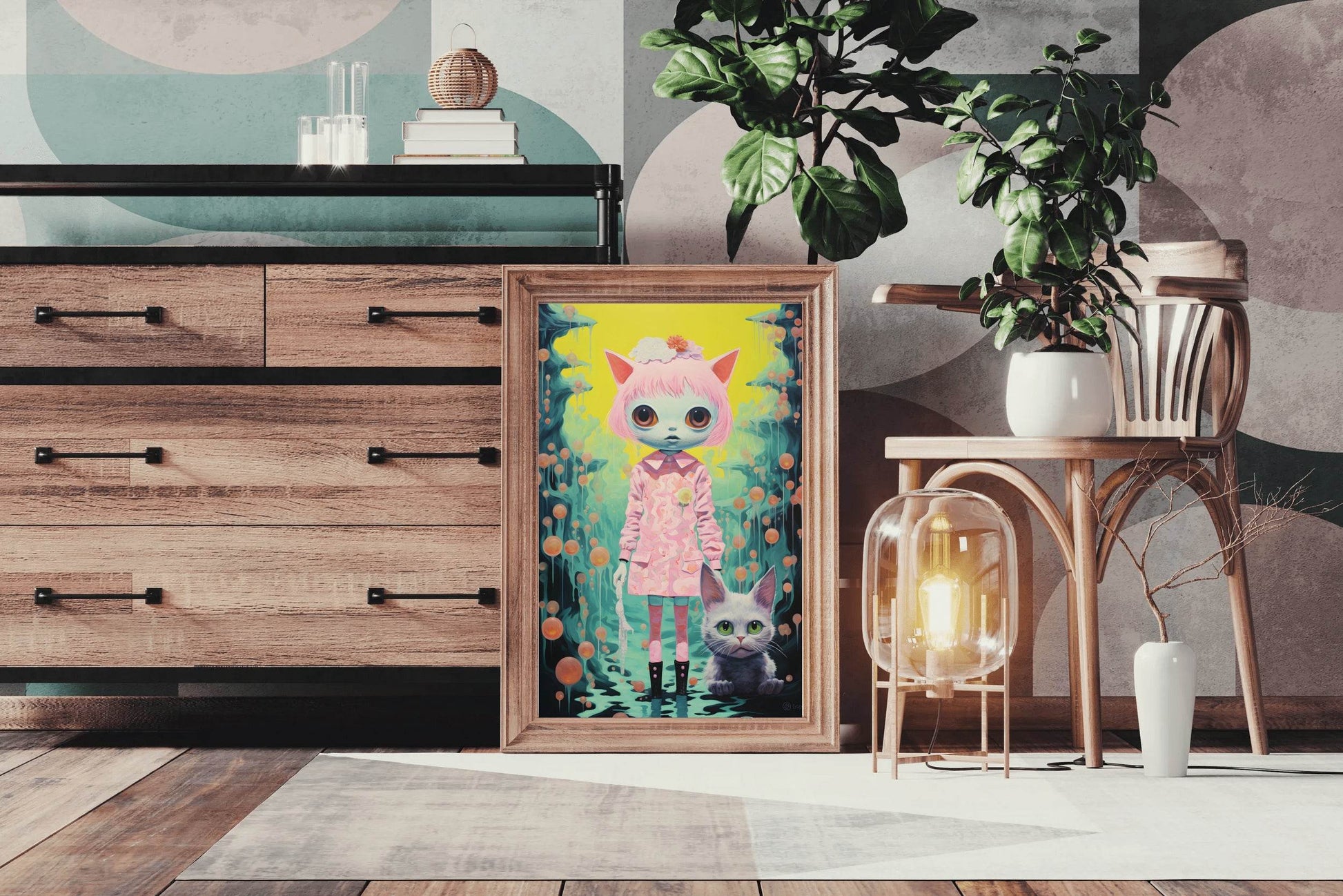 Cat Girl With Pink Hair Wall Art - beink online art store