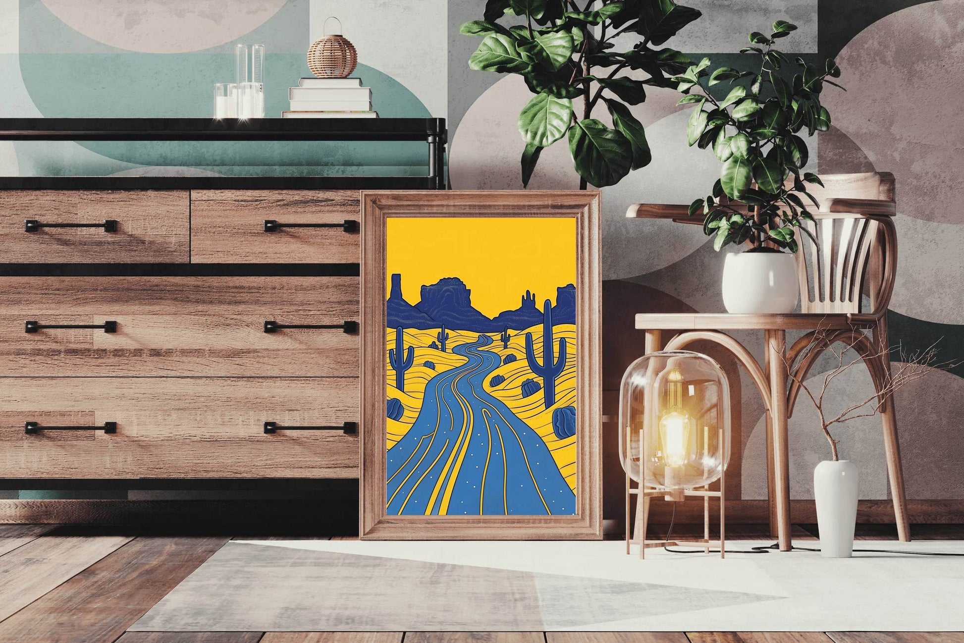 Yellow Desert Landscape With Cactus Wall Art - beink online art store