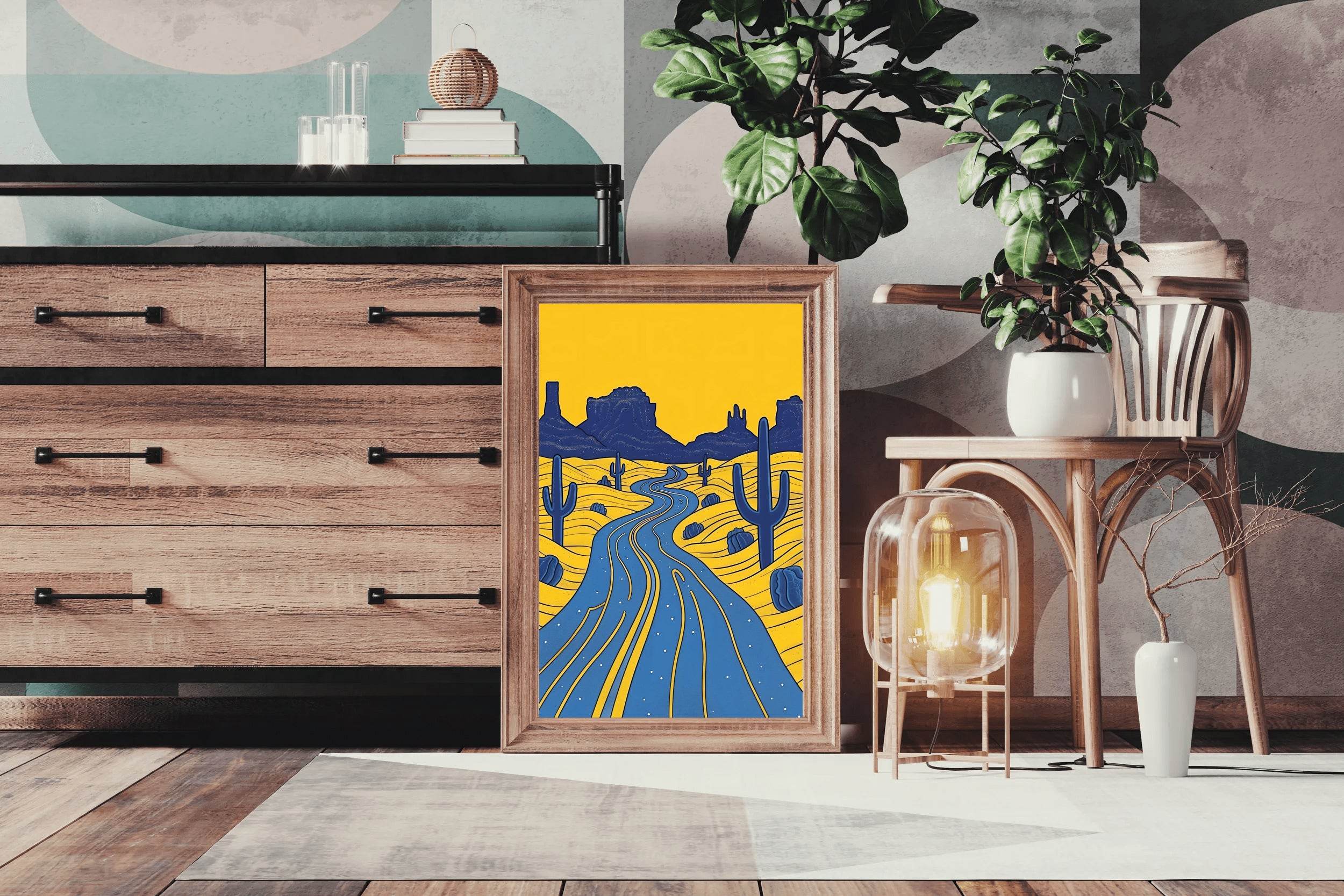 Yellow Desert Landscape With Cactus Wall Art - beink online art store