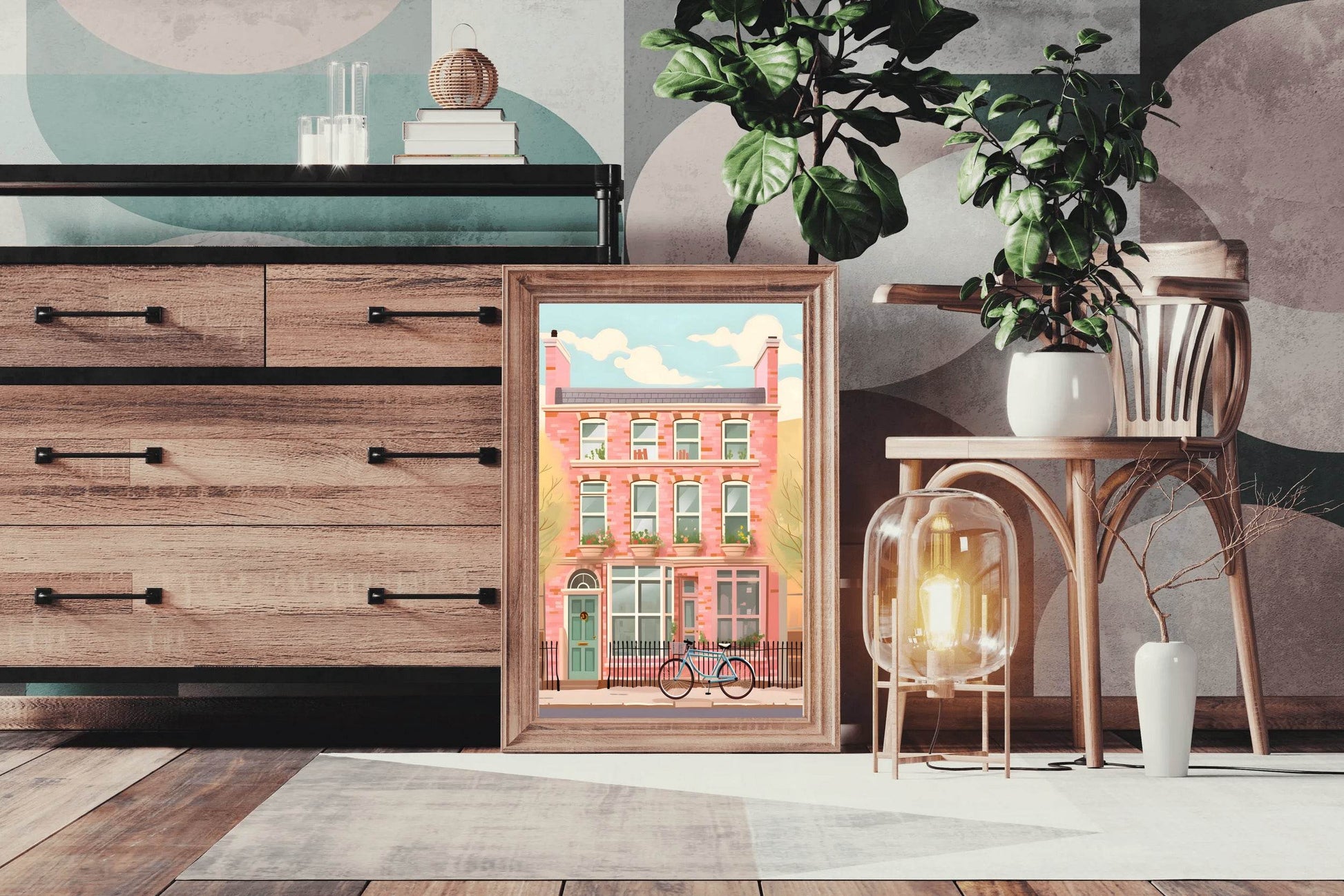 Pink House Painting with Bicycle Wall Art - beink online art store