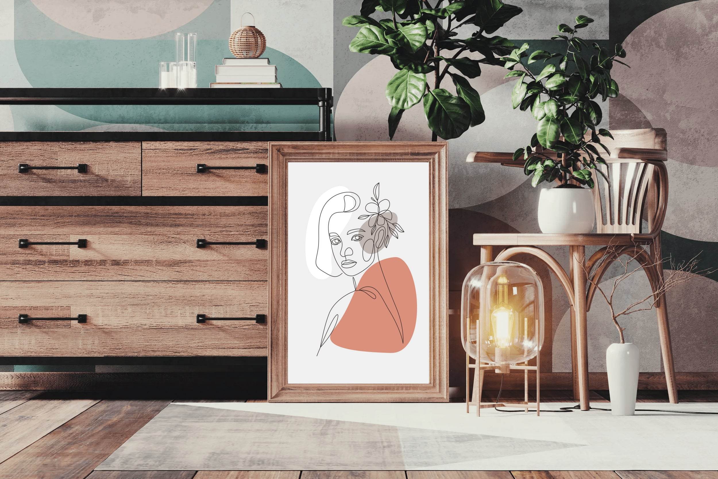 Beautiful Woman and Minimally Drawn Flowers Wall Art - beink online art store