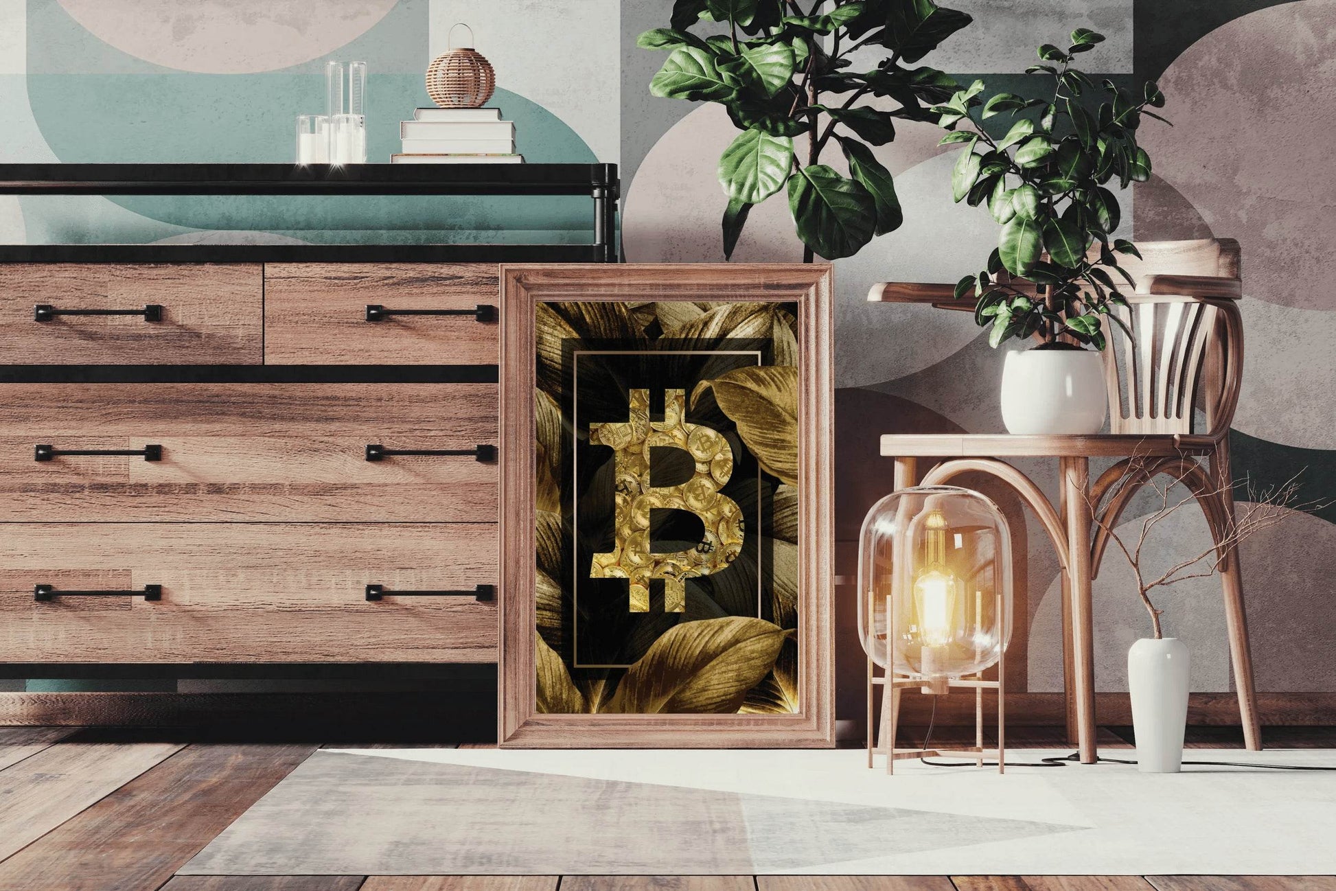 Bitcoin Logo with Gold Leaves Background Wall Art - beink online art store