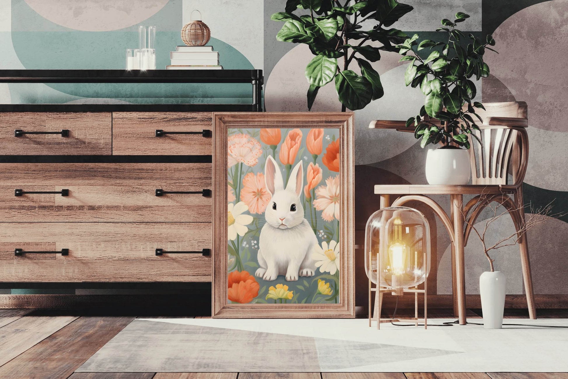 Drawing of Bunny Sitting in Flowers - beink online art store