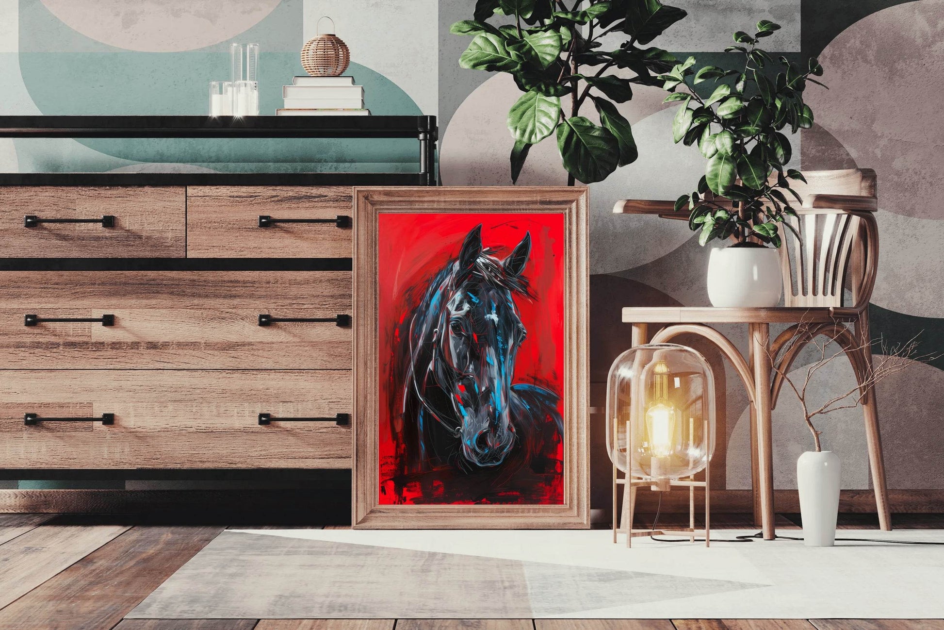 Painting of Black Horse With Red Background - beink online art store