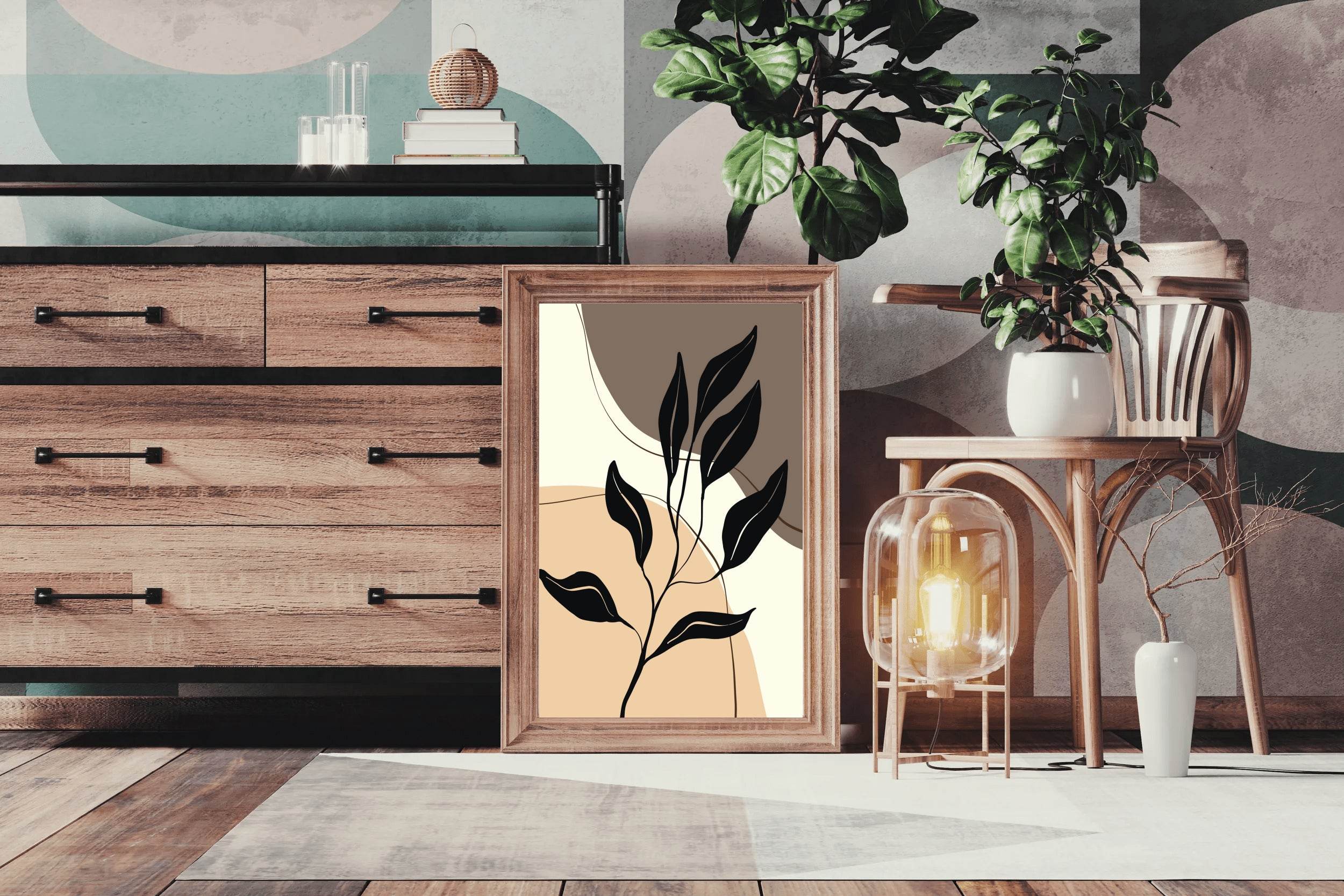 Black Leaves on a Stylized Foliage in Beige tones ArtWork - beink online art store