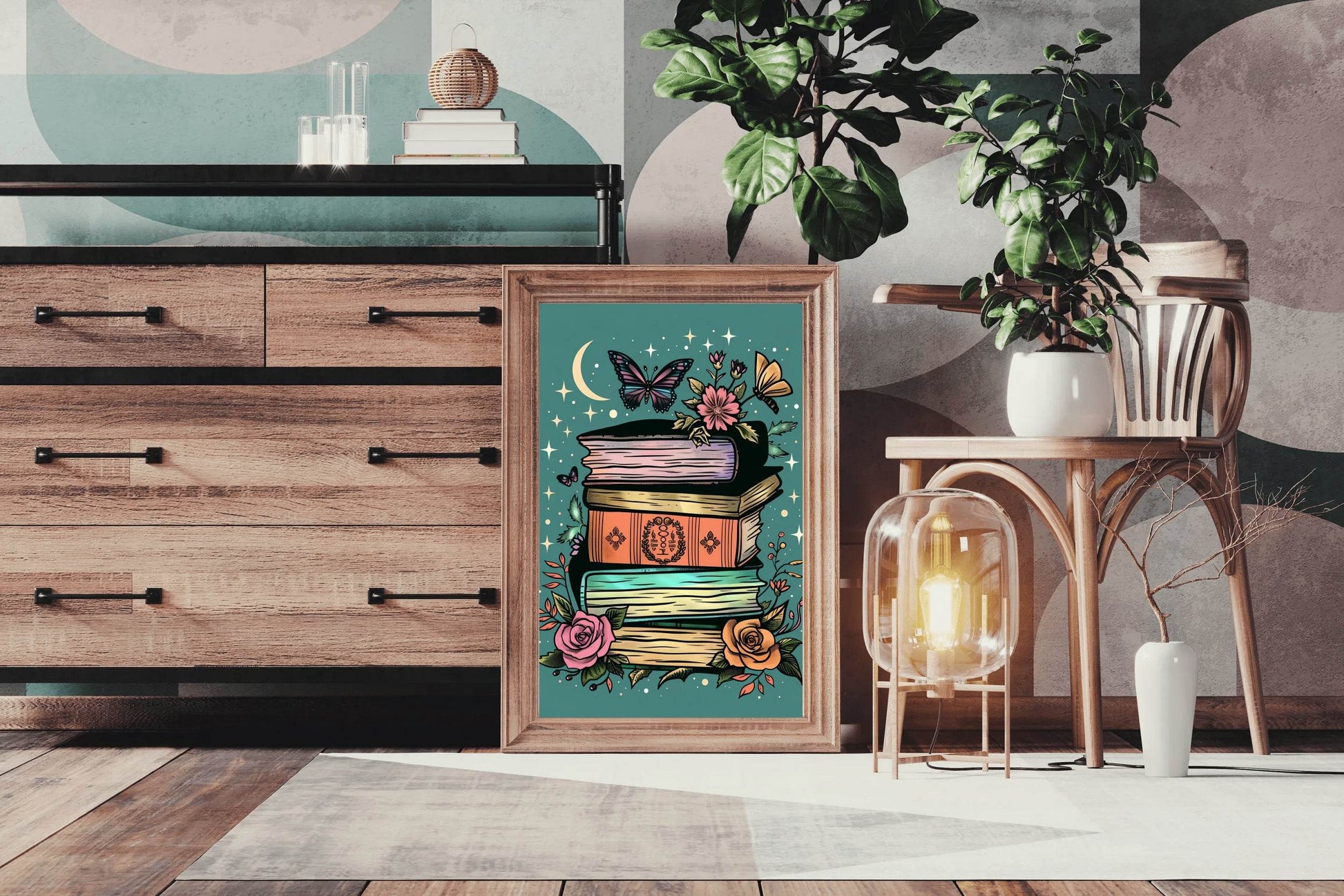 Stack of Books with a Full Moon in the Background Wall Art - beink online art store