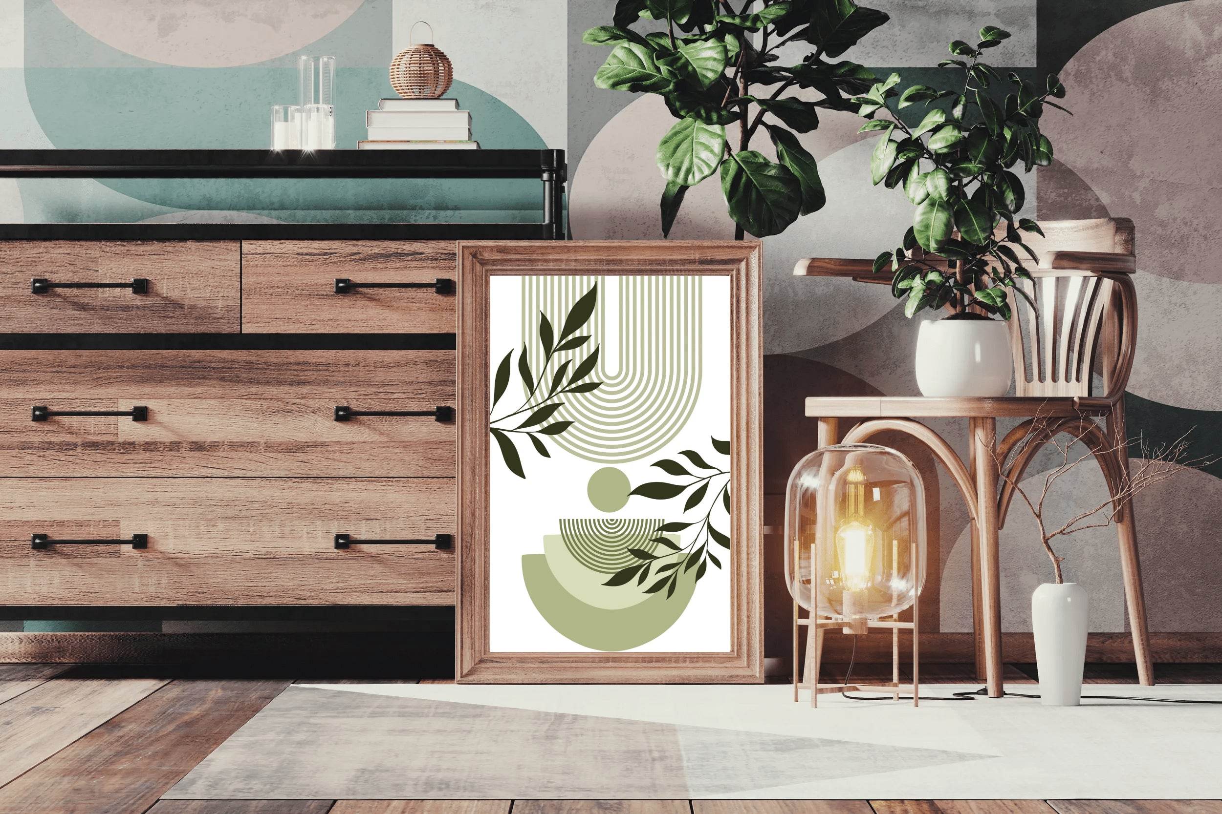 Geometric Shapes with Green leaves ArtWork - beink online art store