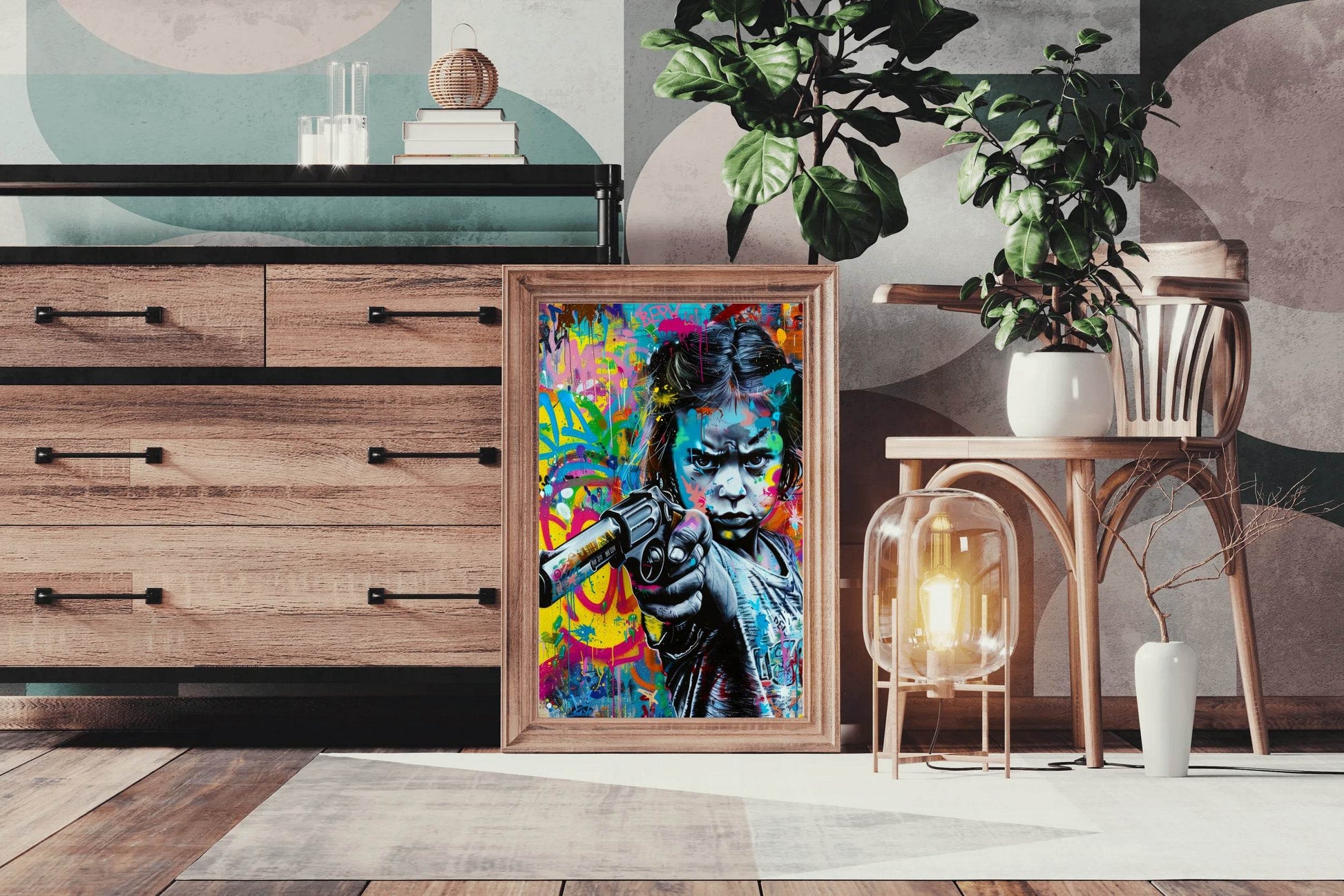 Abstract Graffiti Girl Holding Gun Wall Art - beink online art store