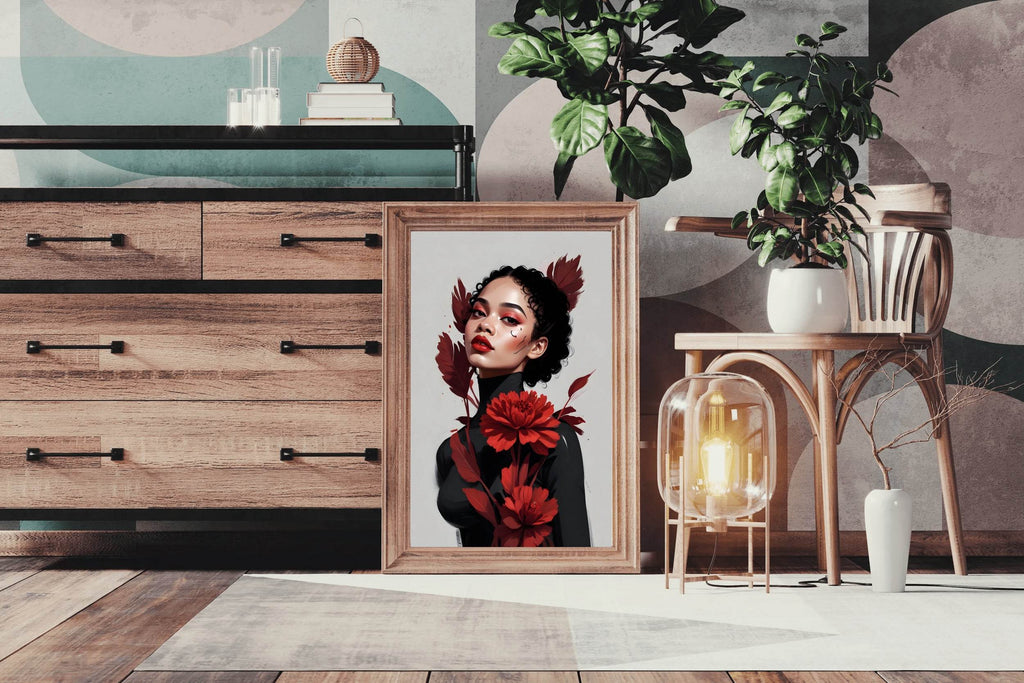 Lady with Curly Hair and Red Flower Wall Art - beink online art store