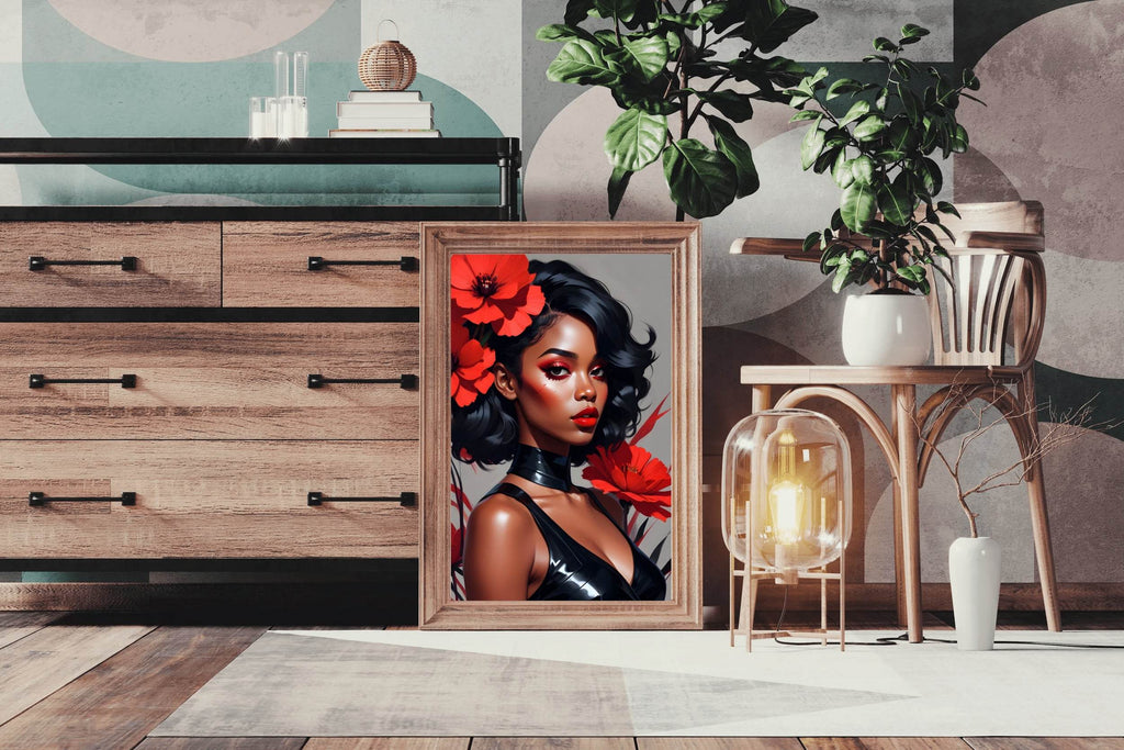 Abstract Style Anime Art of Black Girl with Red Flower Wall Art - beink online art store