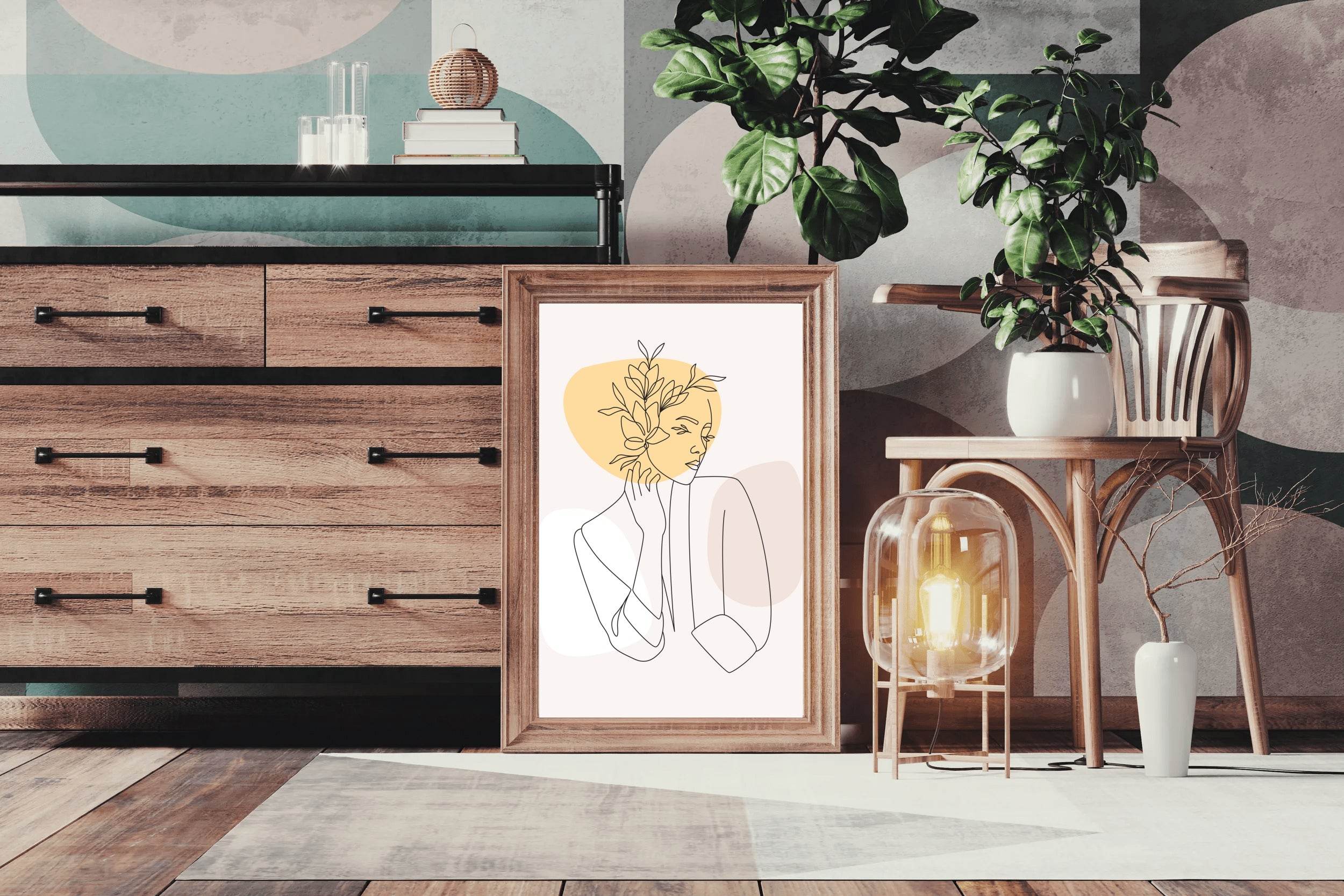 Line Art of Beautiful Woman's Face and Flowers - beink online art store