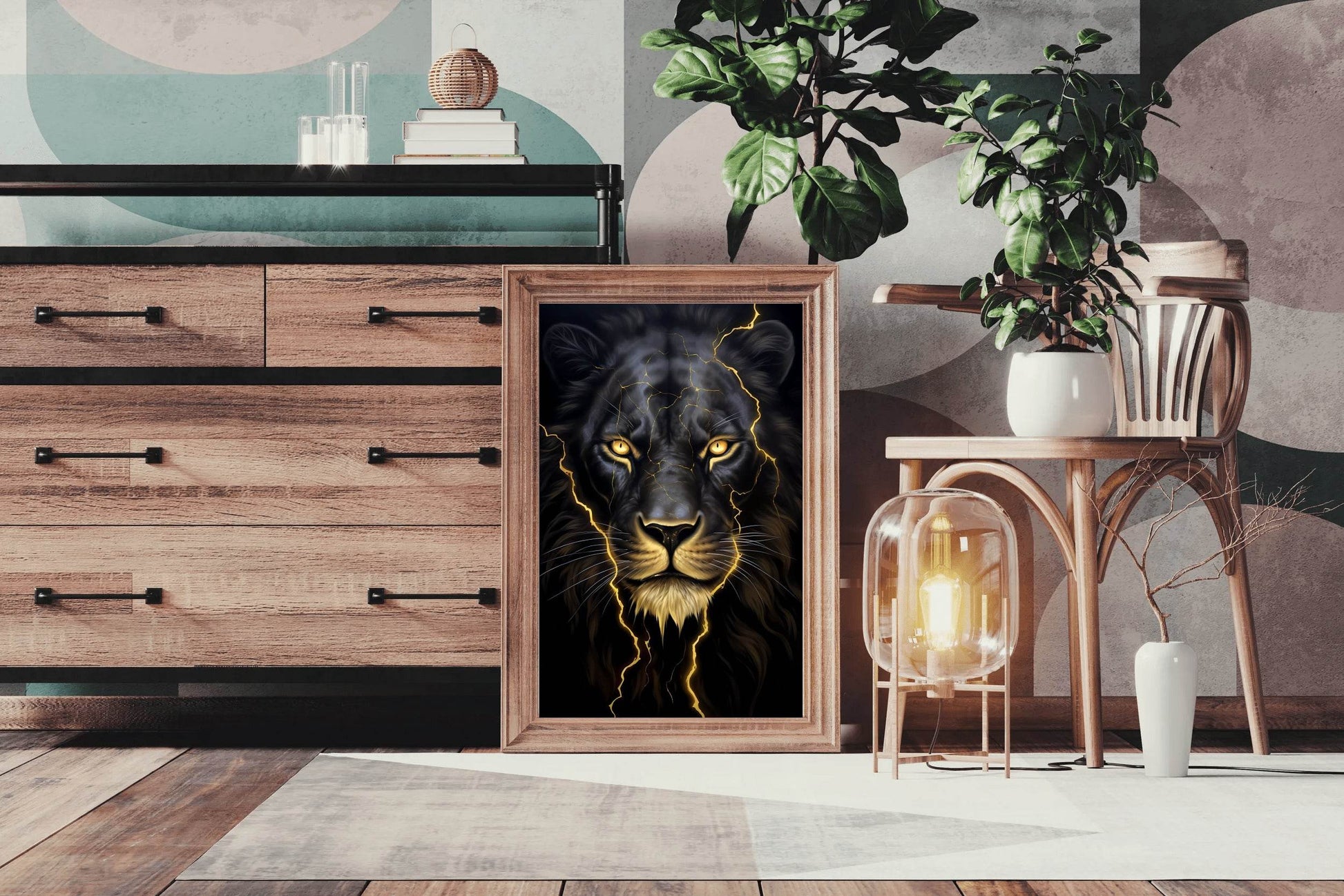 Black Color Neon Line Painting of Lion - beink online art store