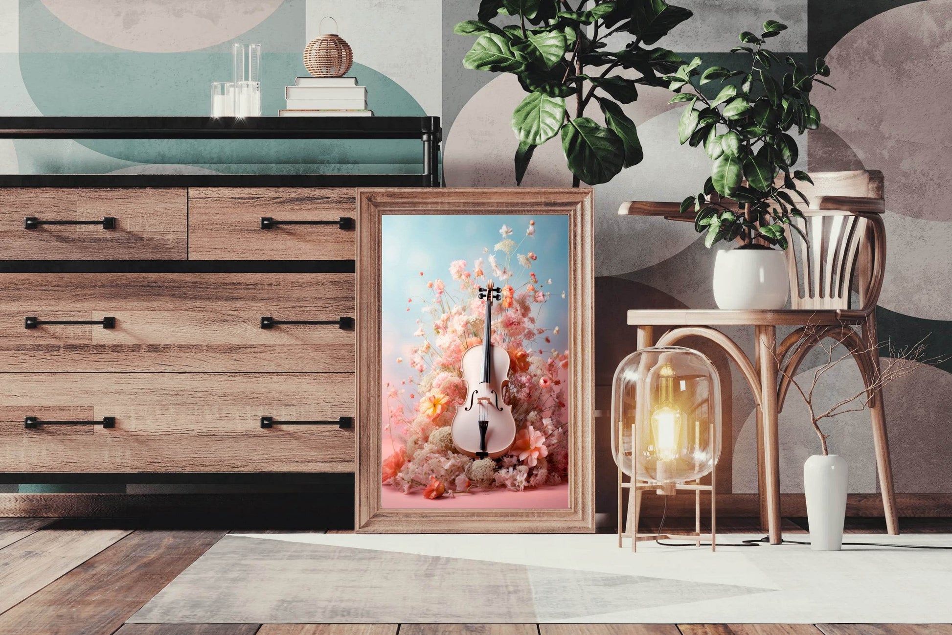 Pink Violin Among Flowers Wall Art - beink online art store