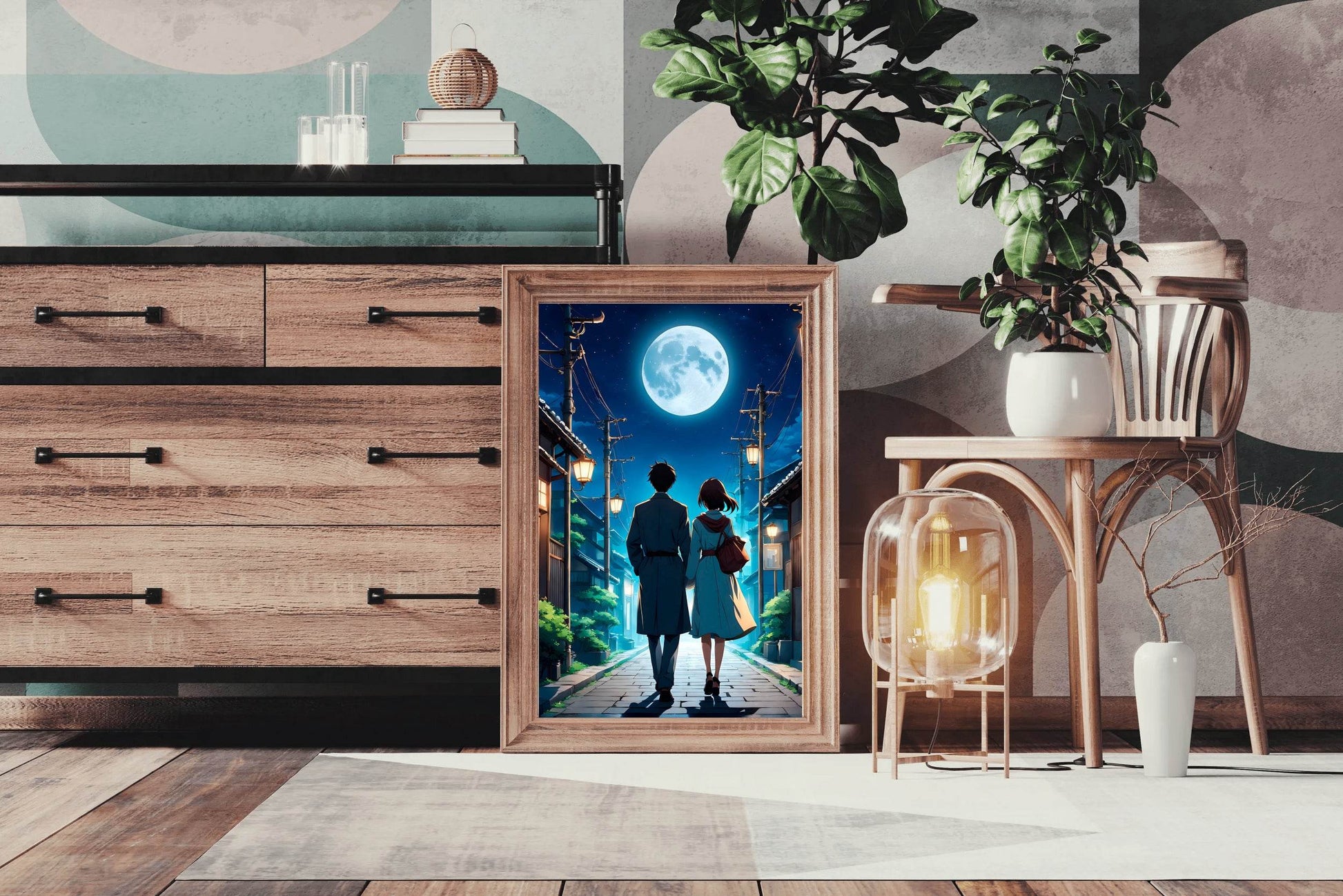 Anime scene of a Man and a Woman Walking Down Under the Moon Anime Wall Art - beink online art store