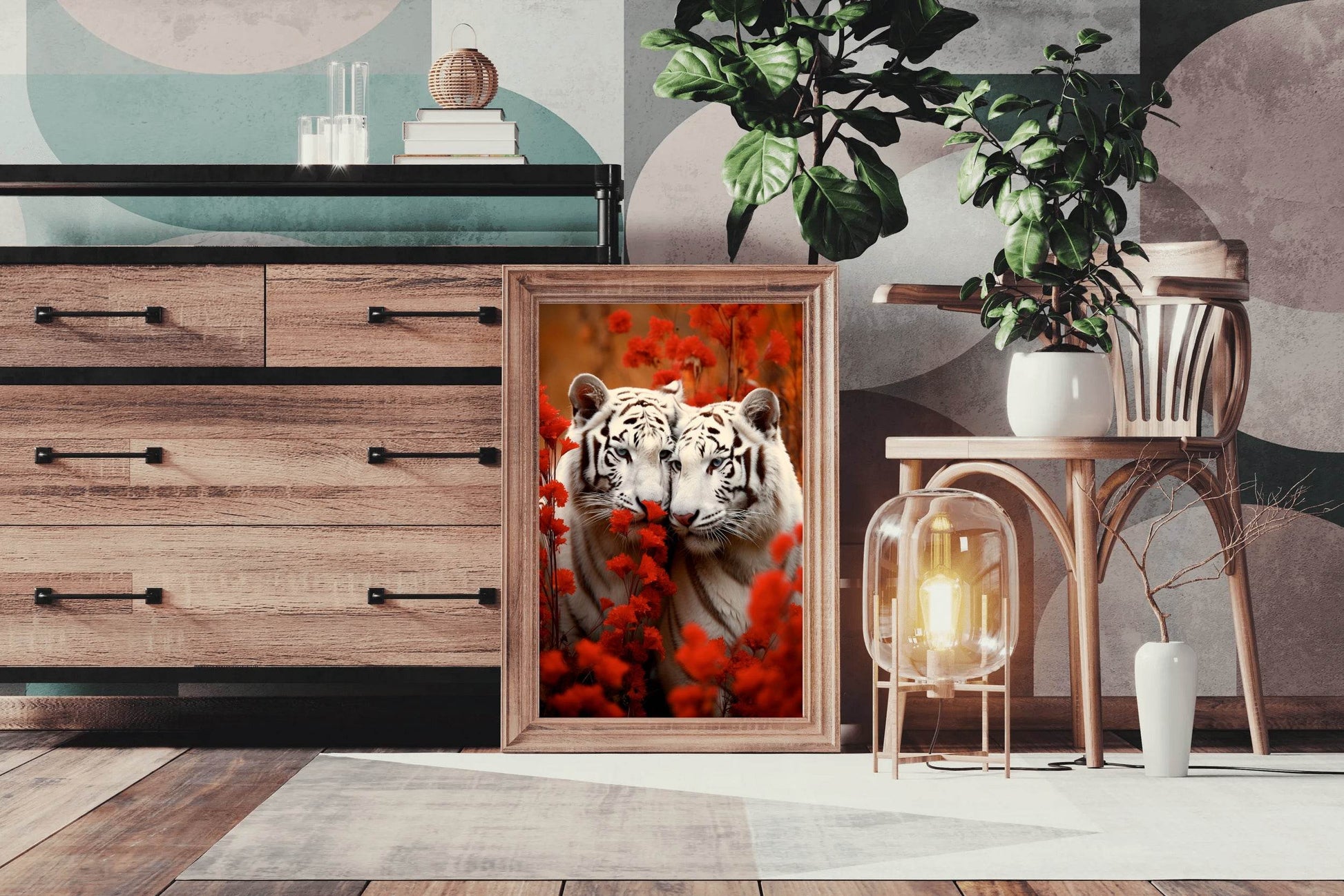 Wild White Tiger With Leaves Wall Art - beink online art store