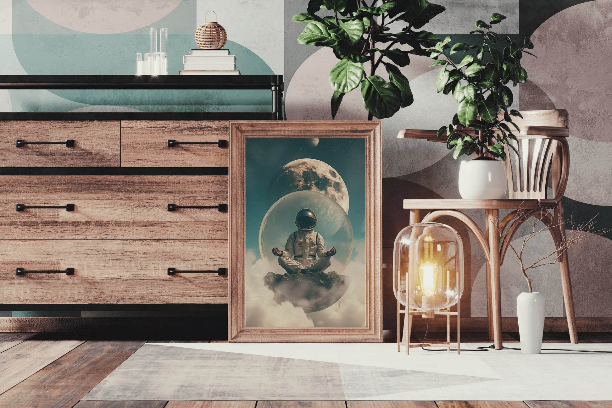 Astronaut is engaged in meditation in space wall art - beink online art store