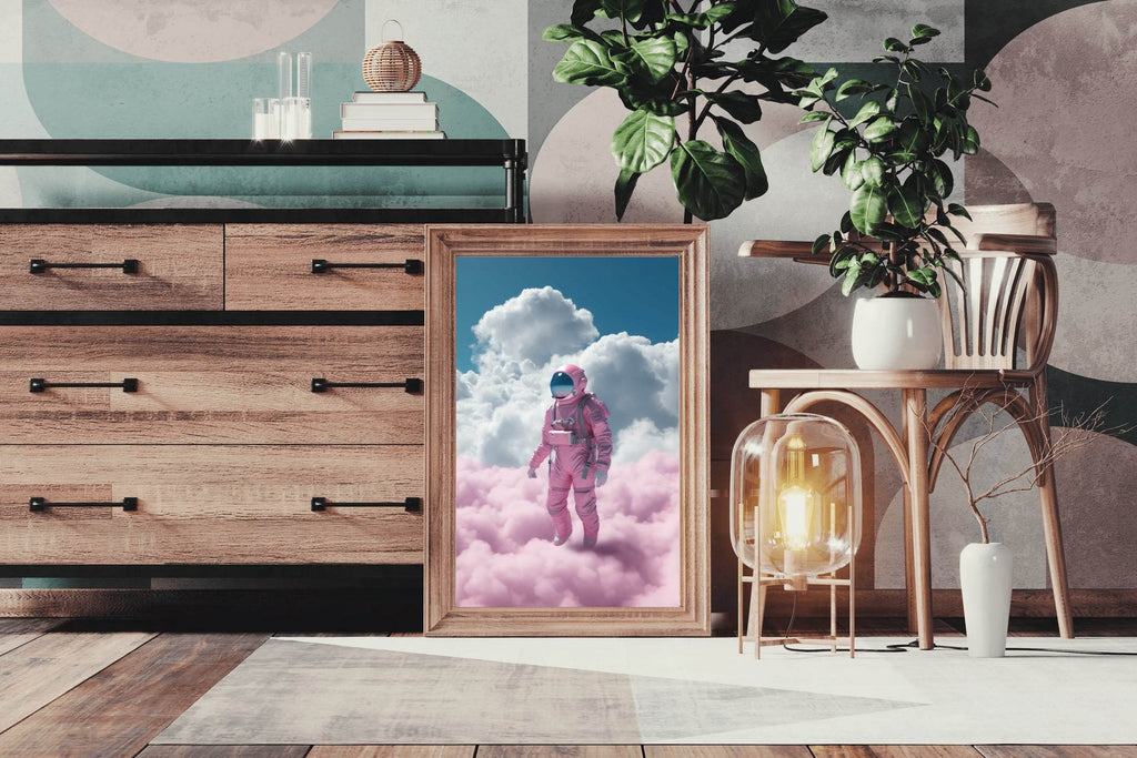 Astronaut in pink suit standing in a cloud Wall Art - beink online art store