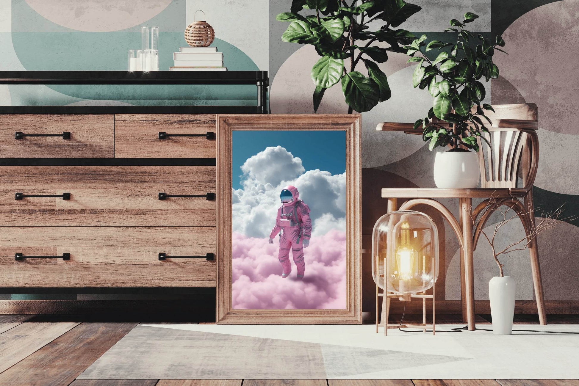 Astronaut in pink suit standing in a cloud Wall Art - beink online art store