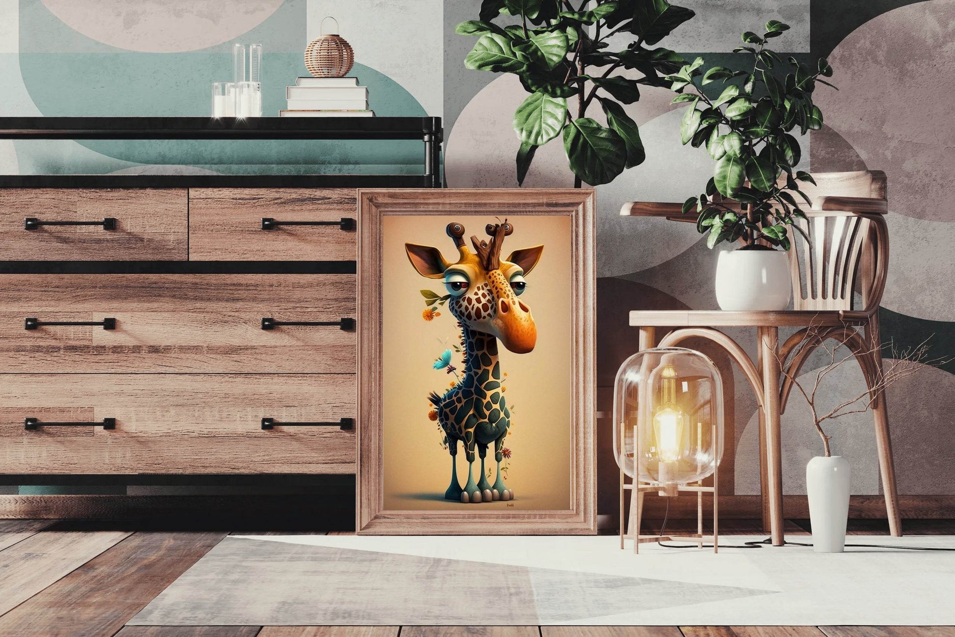 Cartoon Giraffe With Flower Animal Wall Art - beink online art store