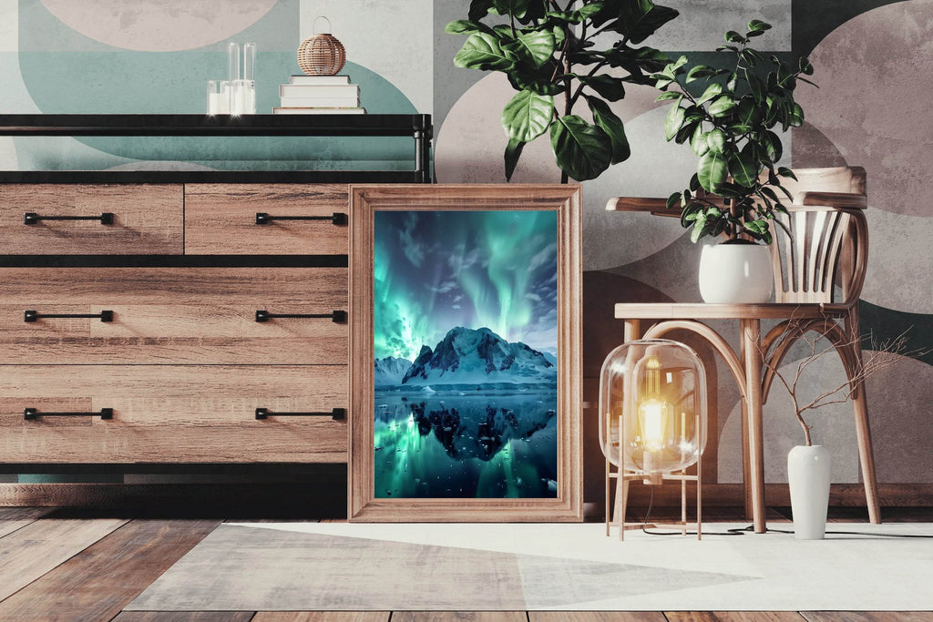 Green Northern lights in the Sky Over Snow Mountain Wall Art - beink online art store