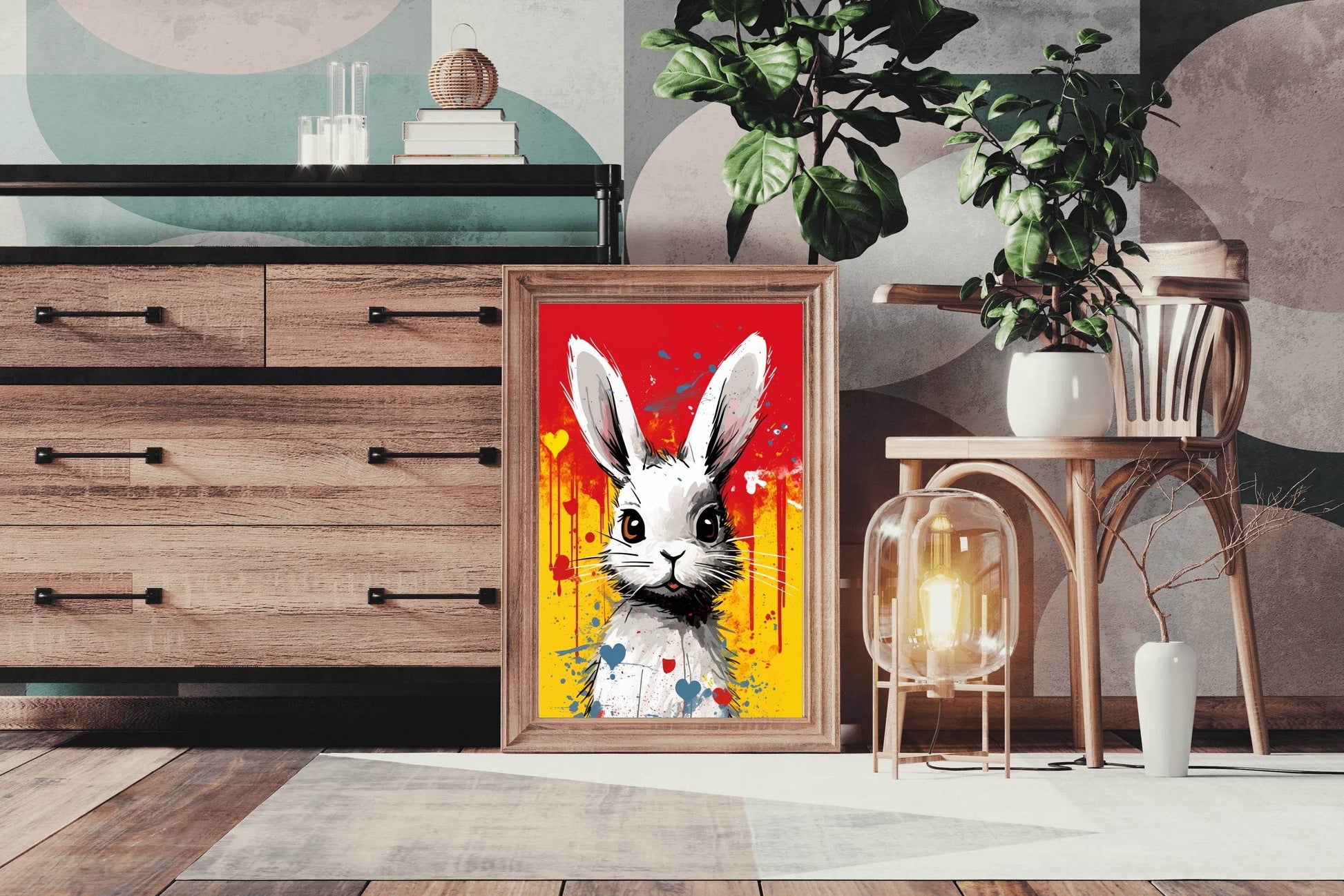 Painting of White Cartoon Rabbit Wall Art - beink online art store