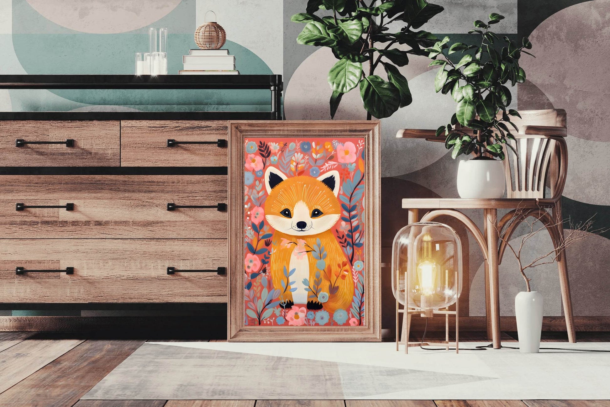 Drawing of Little Fox Sitting in the Flowers - beink online art store