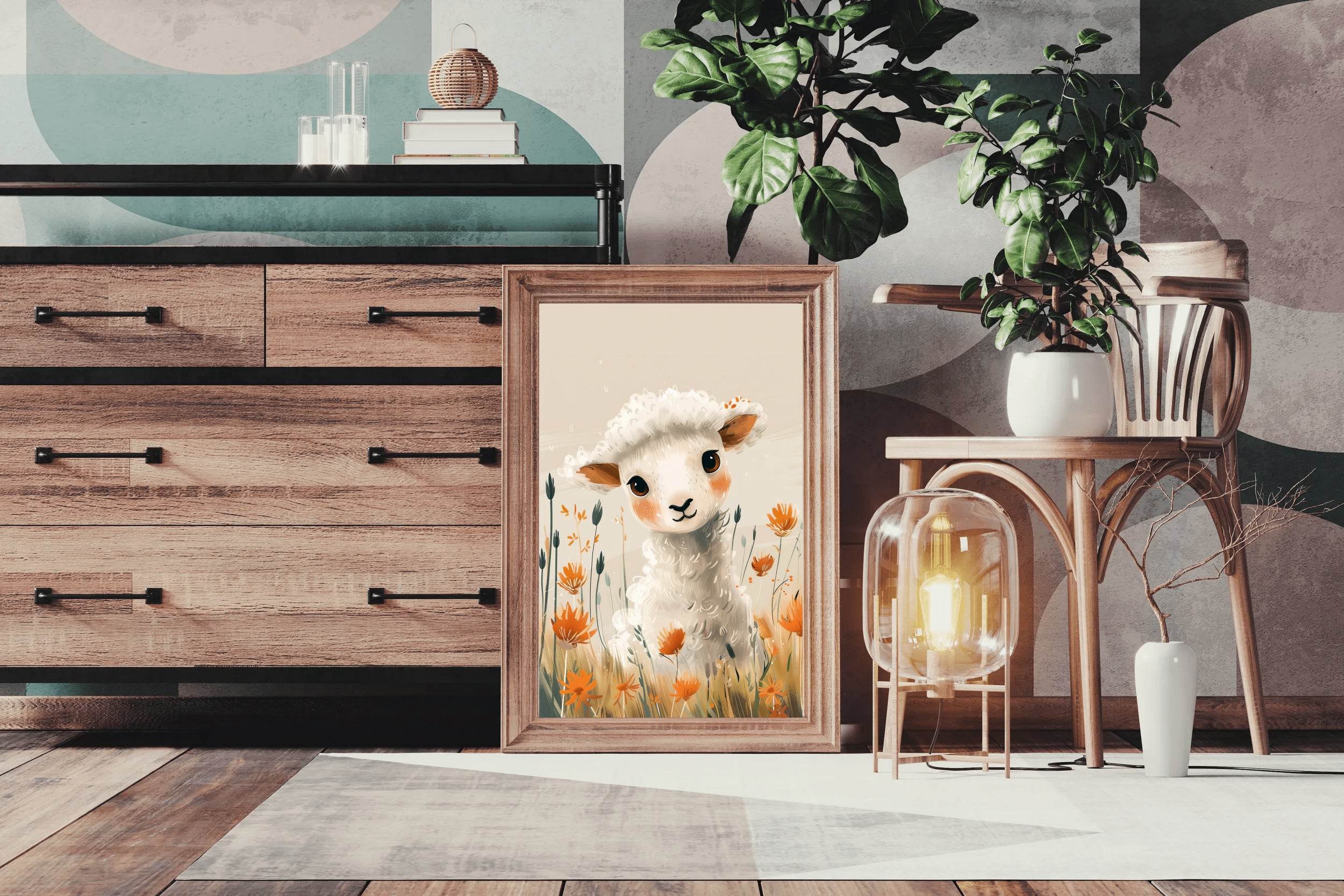 Painting of White Lamb With Flowers - beink online art store