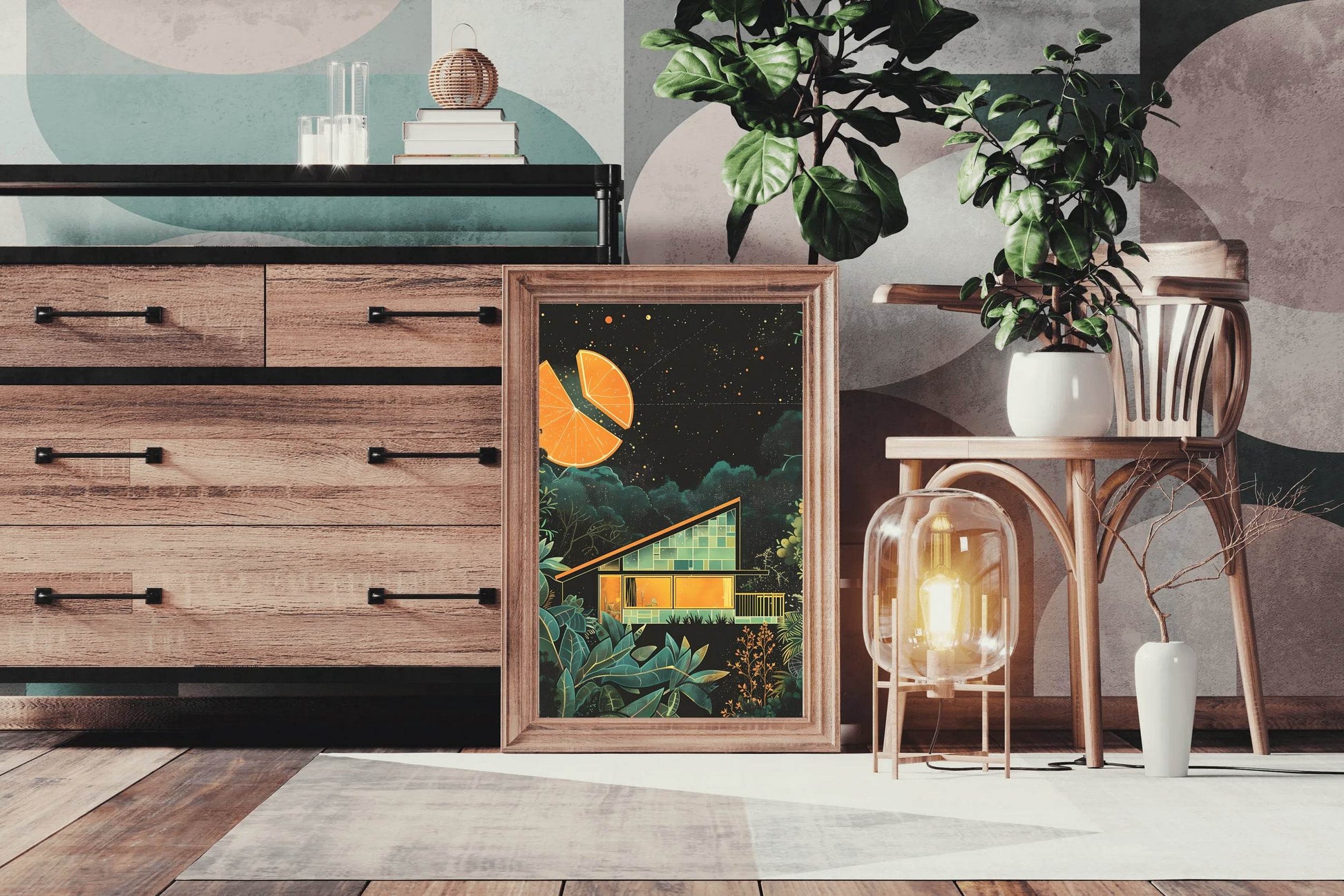 Drawing of A Wooden Hut With A Cut Background of Oranges Wall Art - beink online art store