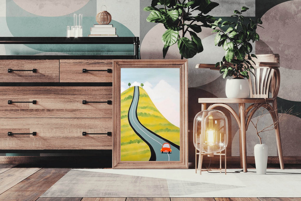 Drawing of a Car Driving Through the Village - beink online art store